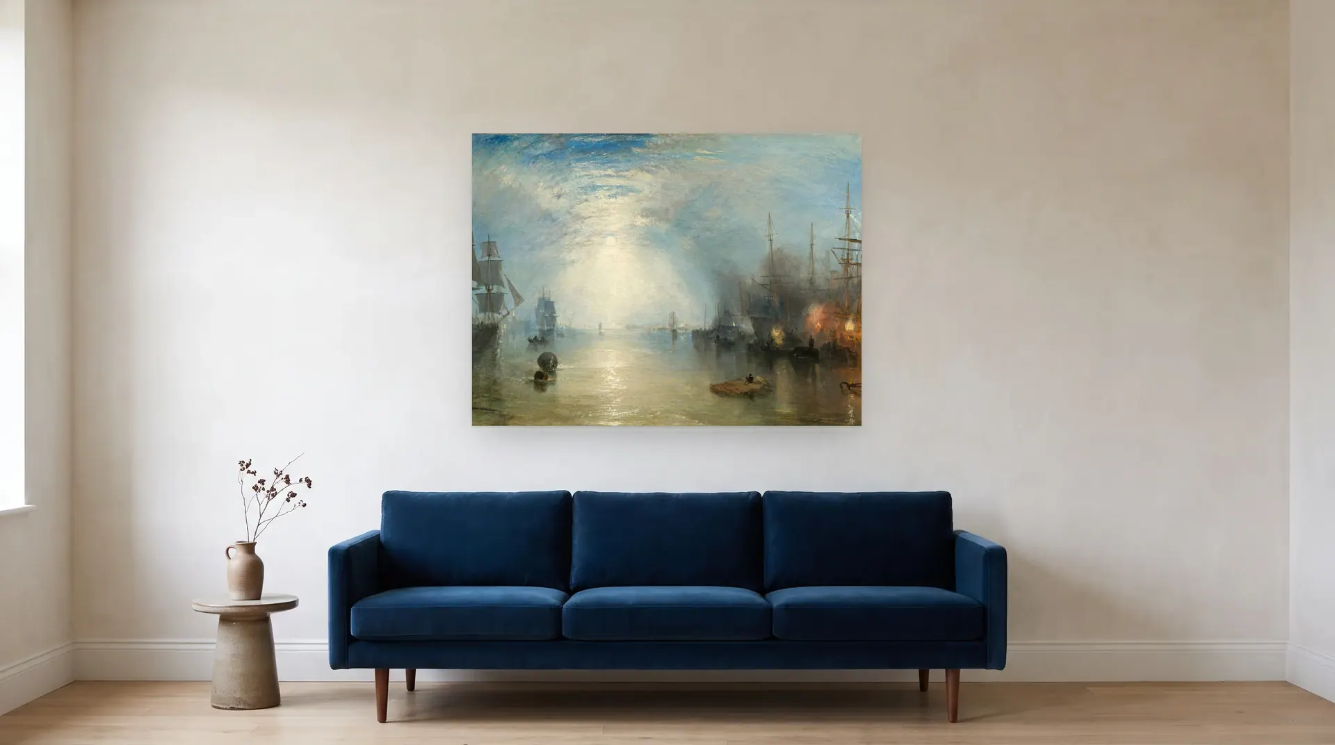 Keelmen Heaving in Coals by Moonlight by J. M. W. Turner shown at its true size, 48½" × 36½", over an 84" sofa