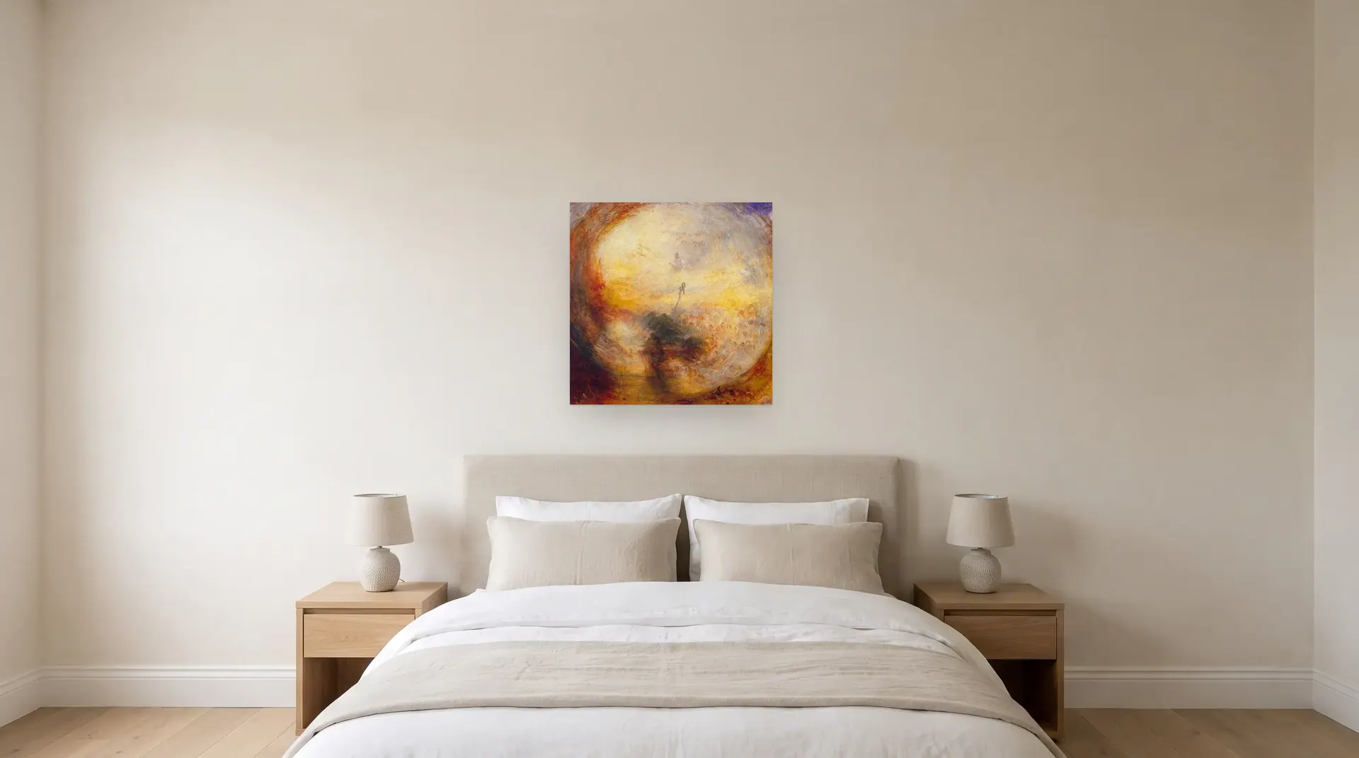 Light and Colour (Goethe's Theory) – The Morning after the Deluge – Moses Writing the Book of Genesis by J. M. W. Turner shown at its true size, 31" × 31", over a queen bed