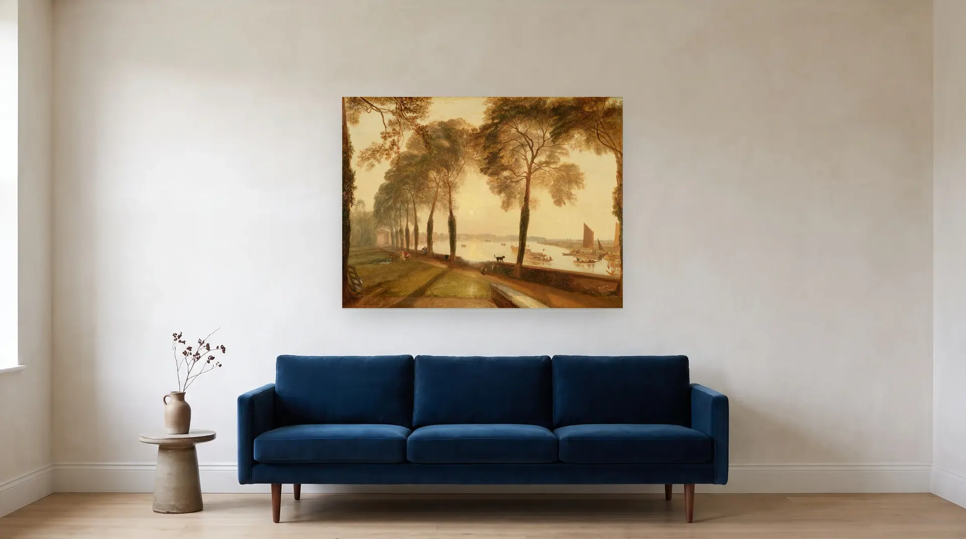 Mortlake Terrace by J. M. W. Turner shown at its true size, 48" × 36½", over an 84" sofa