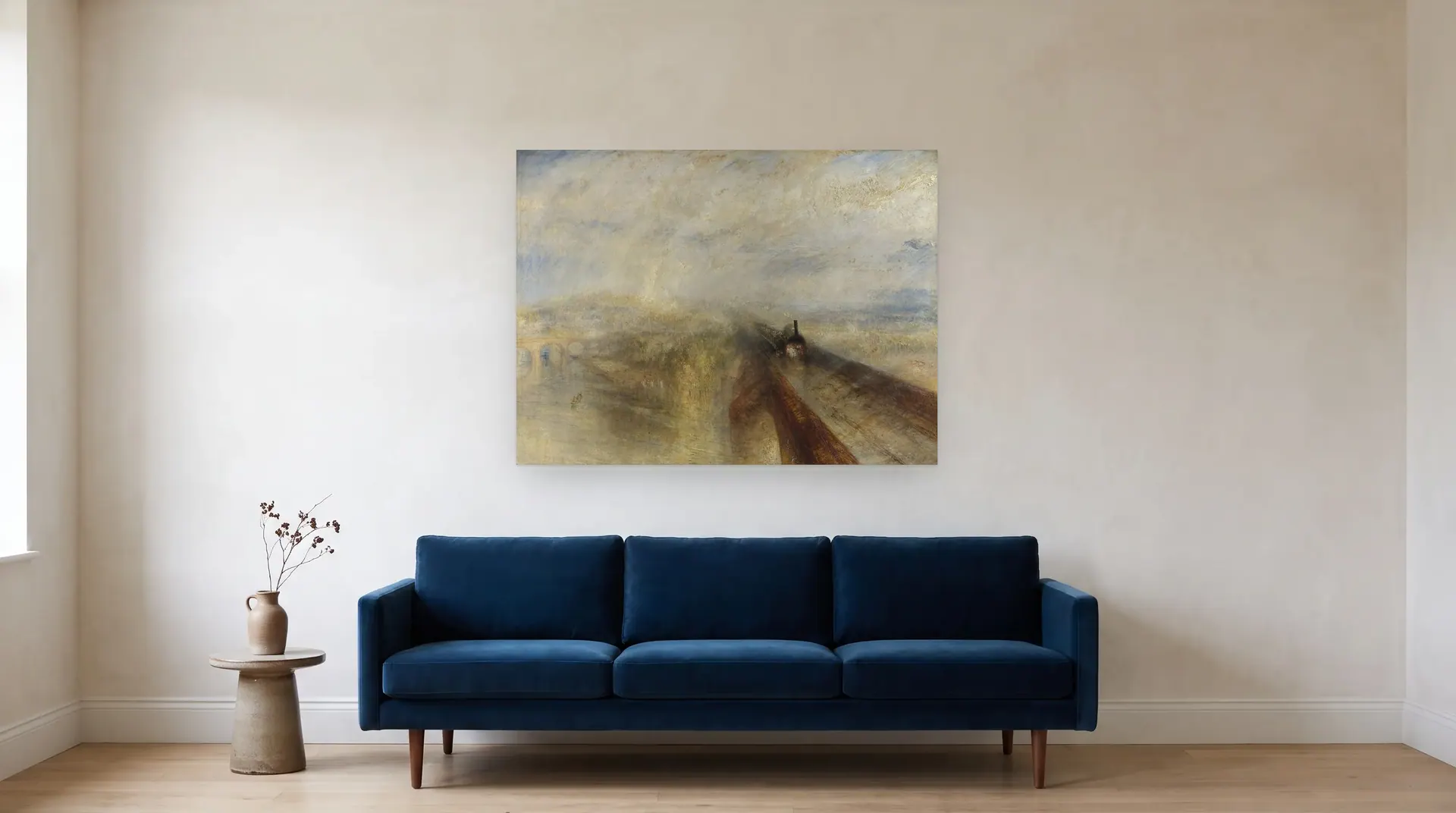 Rain, Steam and Speed – The Great Western Railway by J. M. W. Turner shown at its true size, 48" × 36", over an 84" sofa