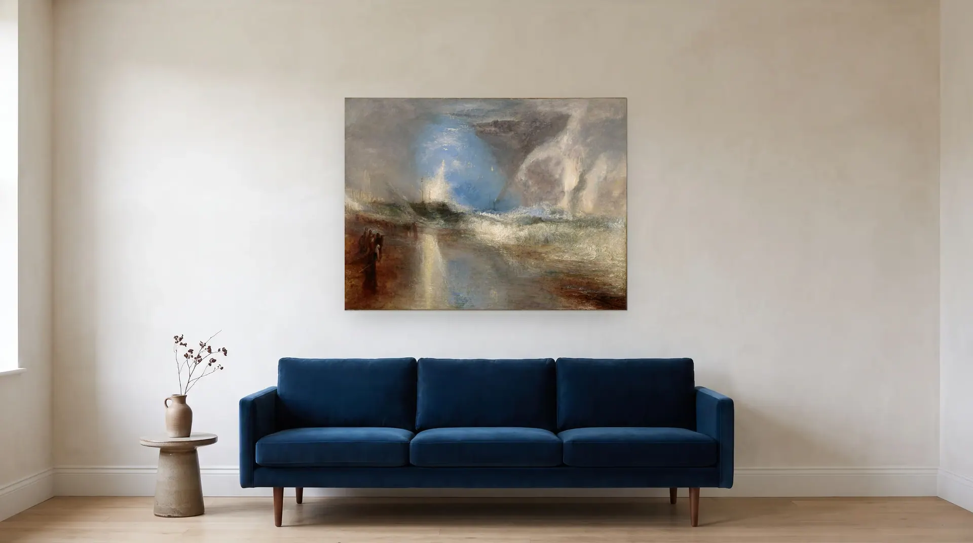 Rockets and Blue Lights (Close at Hand) to Warn Steamboats of Shoal by J. M. W. Turner shown at its true size, 48" × 36½", over an 84" sofa