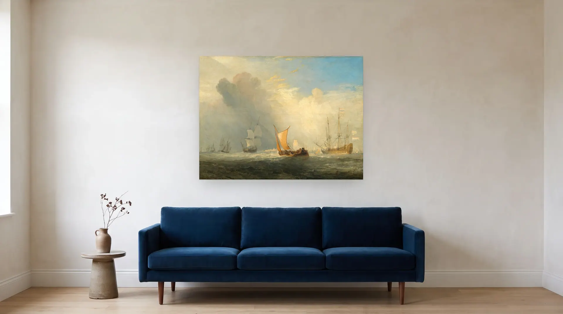 Rotterdam Ferry-Boat by J. M. W. Turner shown at its true size, 48" × 36½", over an 84" sofa
