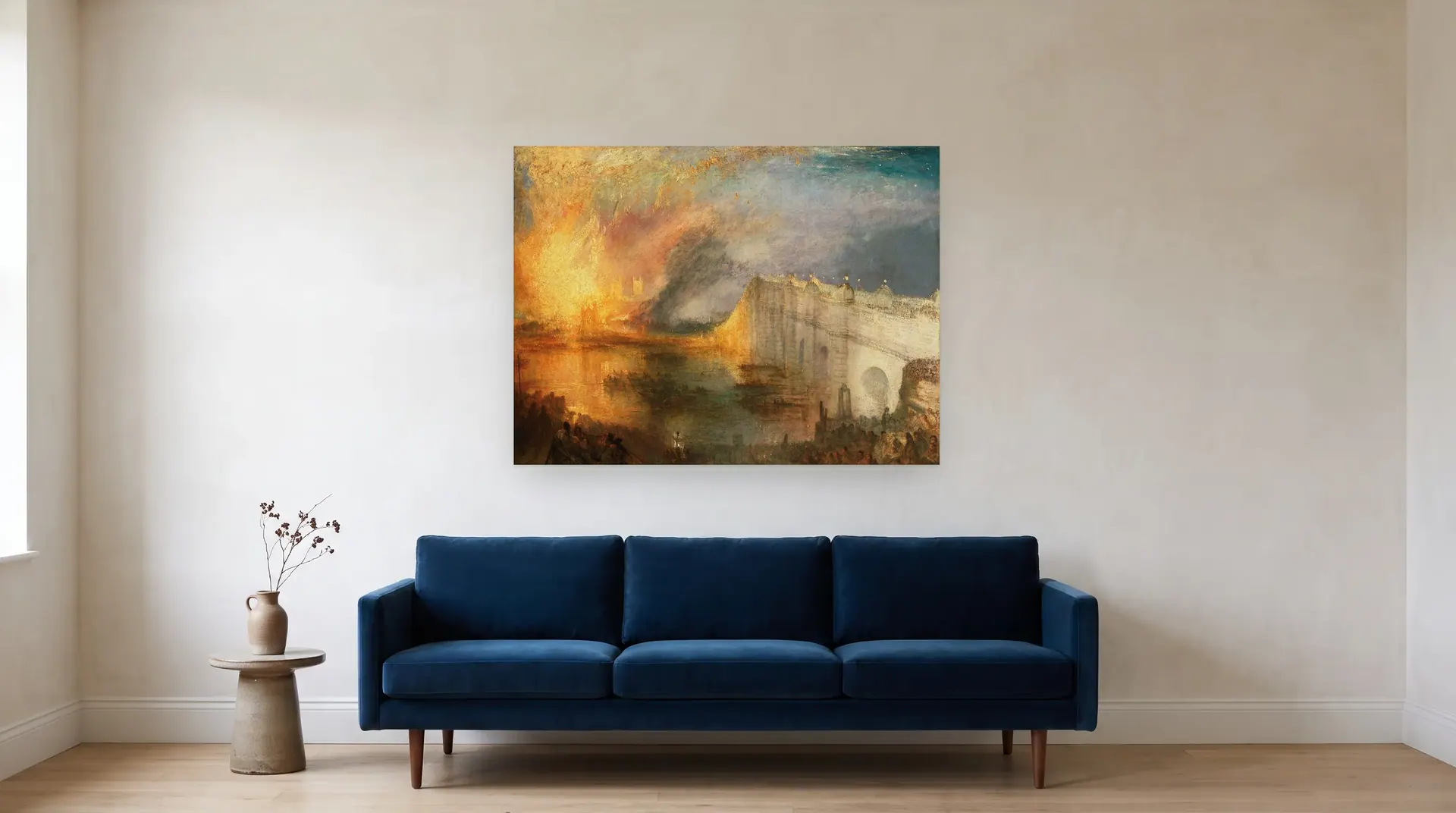 The Burning of the Houses of Lords and Commons by J. M. W. Turner shown at its true size, 48½" × 36½", over an 84" sofa
