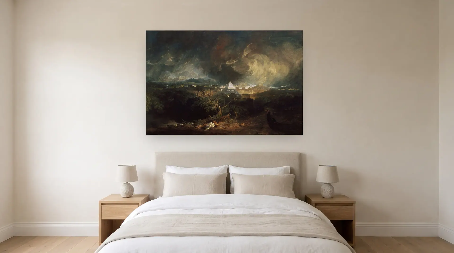 The Fifth Plague of Egypt by J. M. W. Turner shown at its true size, 72" × 48", over a queen bed