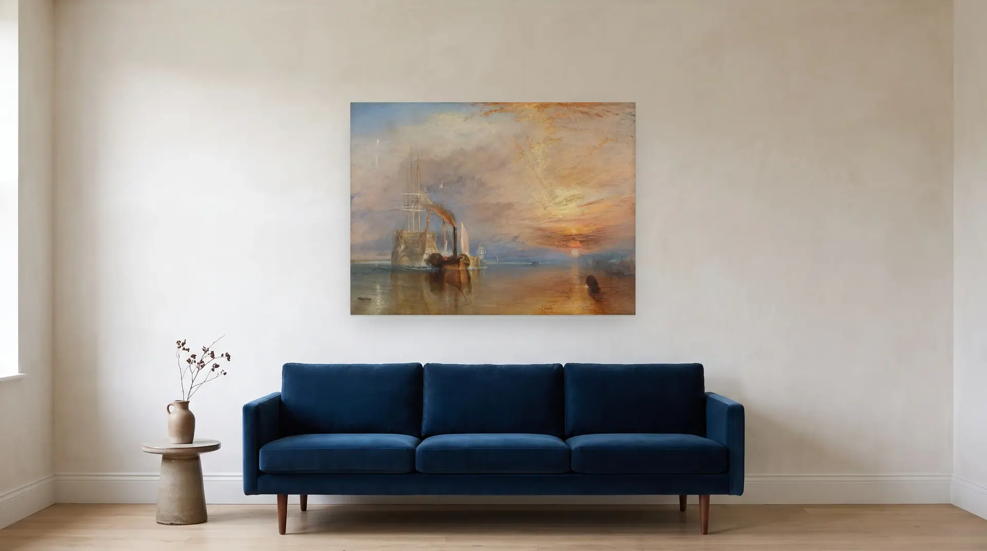 The Fighting Temeraire by J. M. W. Turner shown at its true size, 48" × 35½", over an 84" sofa