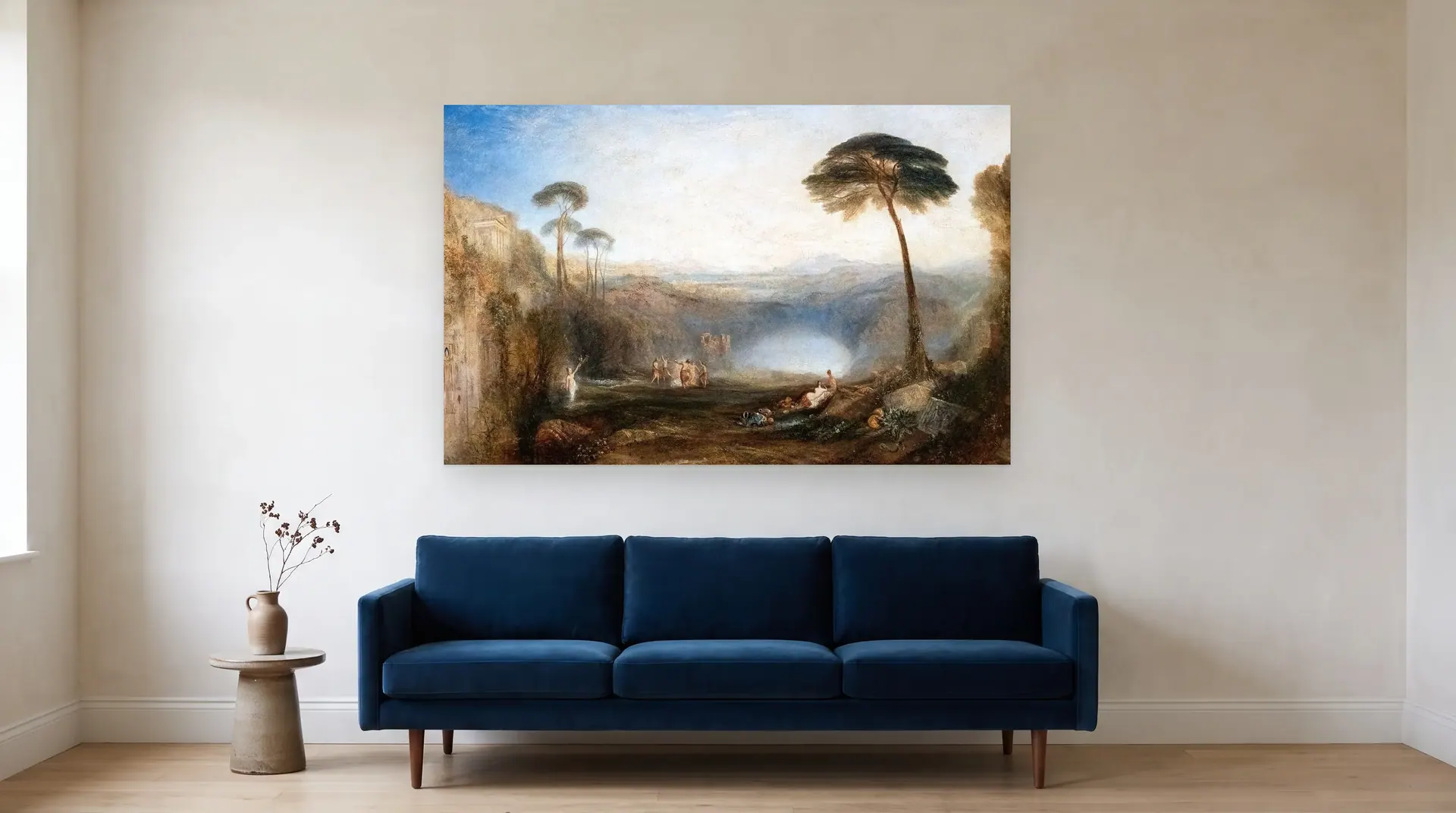 The Golden Bough by J. M. W. Turner shown at its true size, 64½" × 41", over an 84" sofa