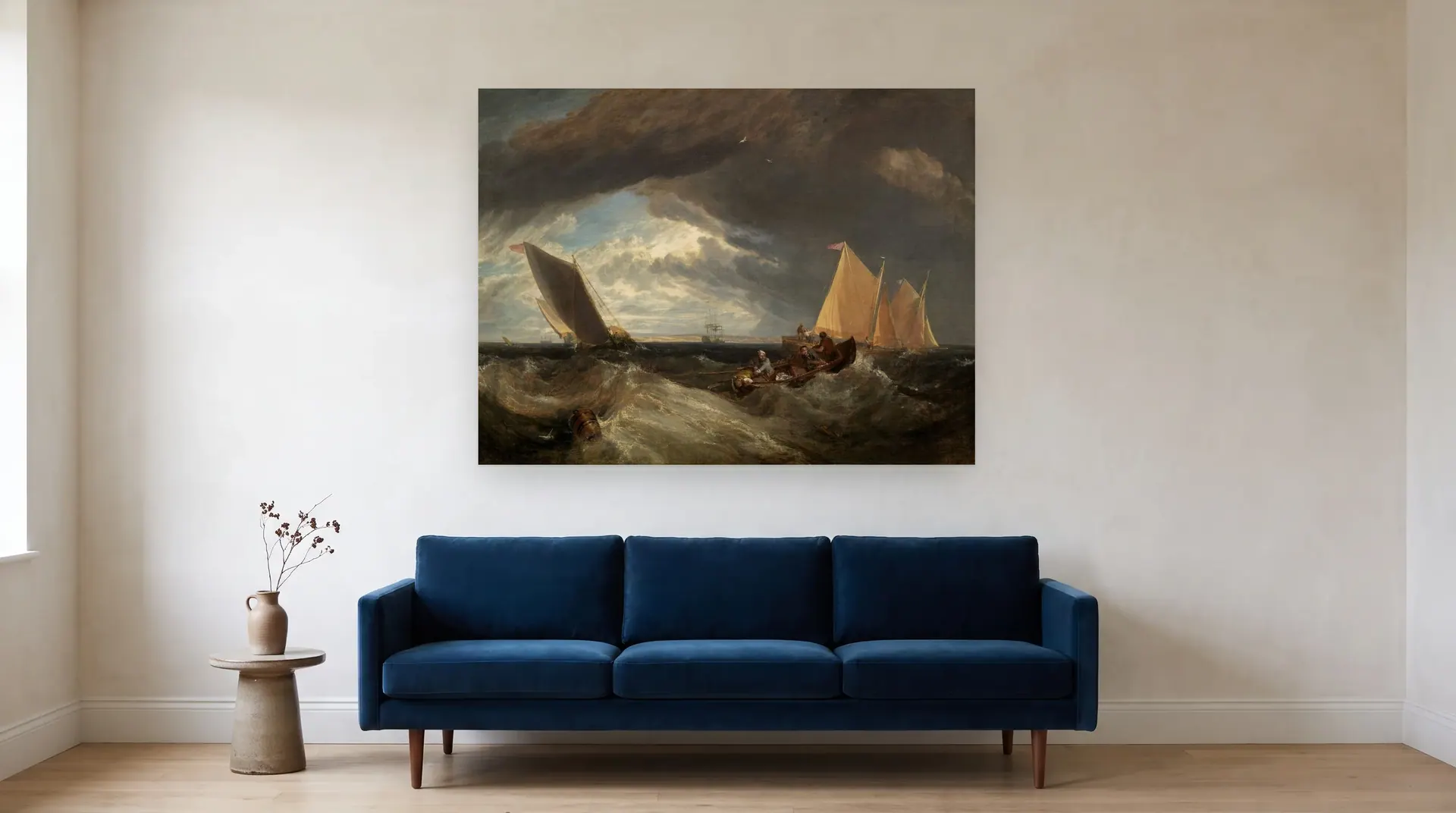 The Junction of the Thames and the Medway by J. M. W. Turner shown at its true size, 56½" × 43", over an 84" sofa