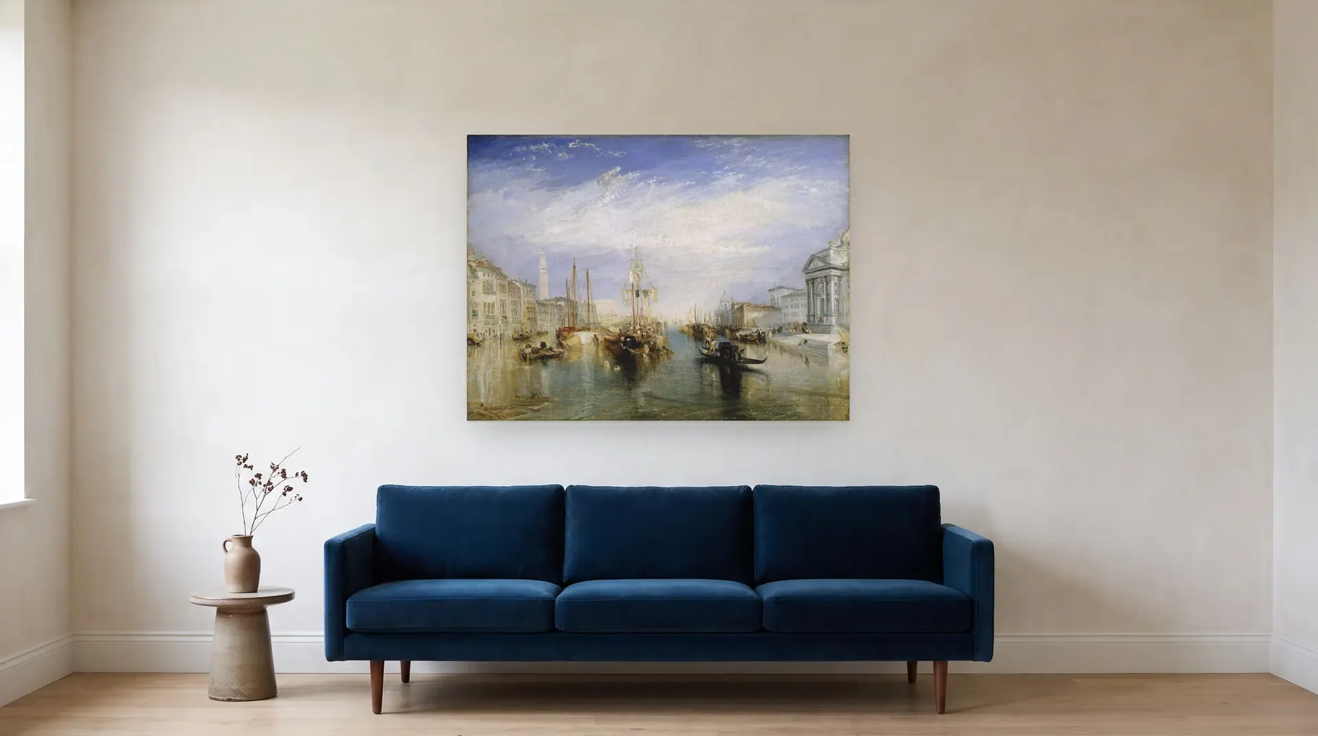Venice, from the Porch of Madonna della Salute by J. M. W. Turner shown at its true size, 48" × 36", over an 84" sofa