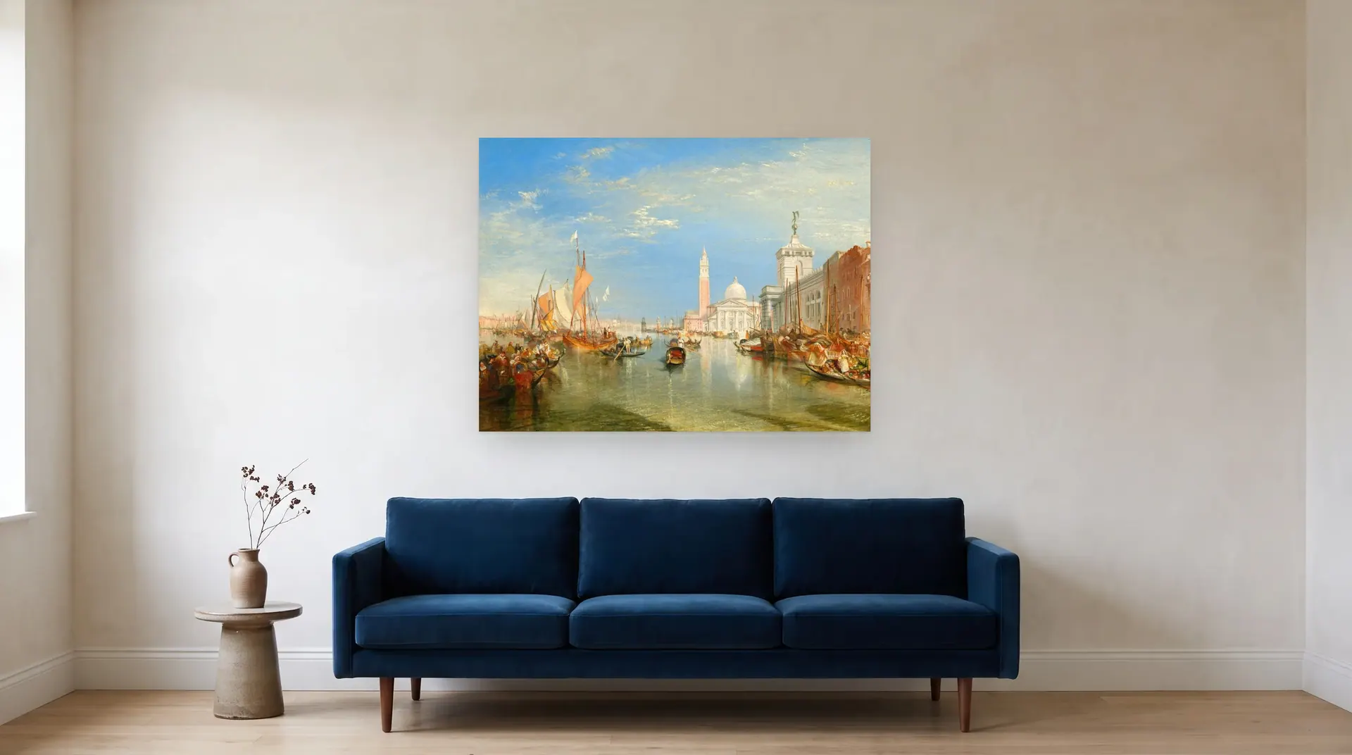 Venice: The Dogana and San Giorgio Maggiore by J. M. W. Turner shown at its true size, 48" × 36", over an 84" sofa