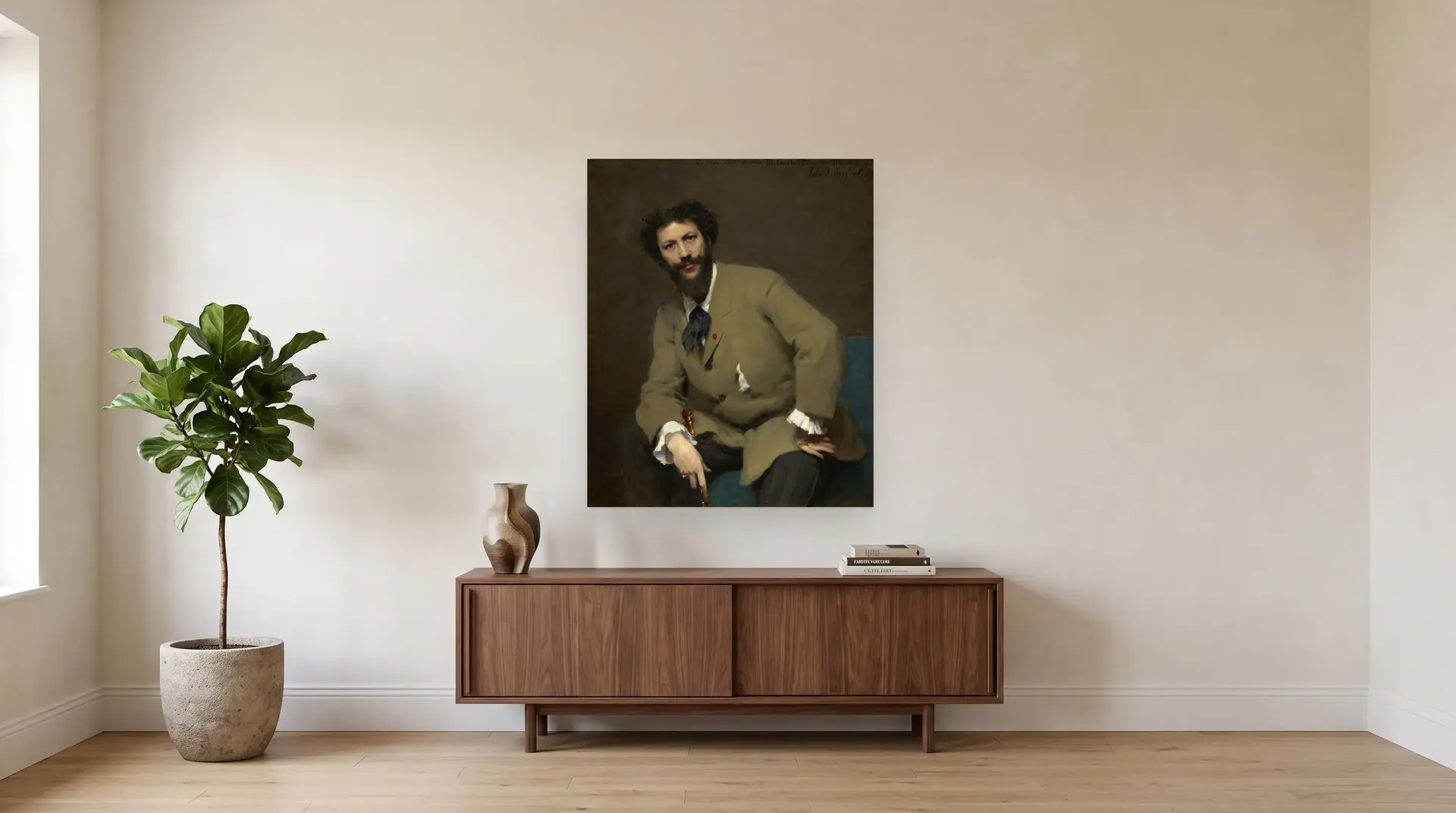 Carolus-Duran by John Singer Sargent shown at its true size, 38" × 46", over a 72" sideboard