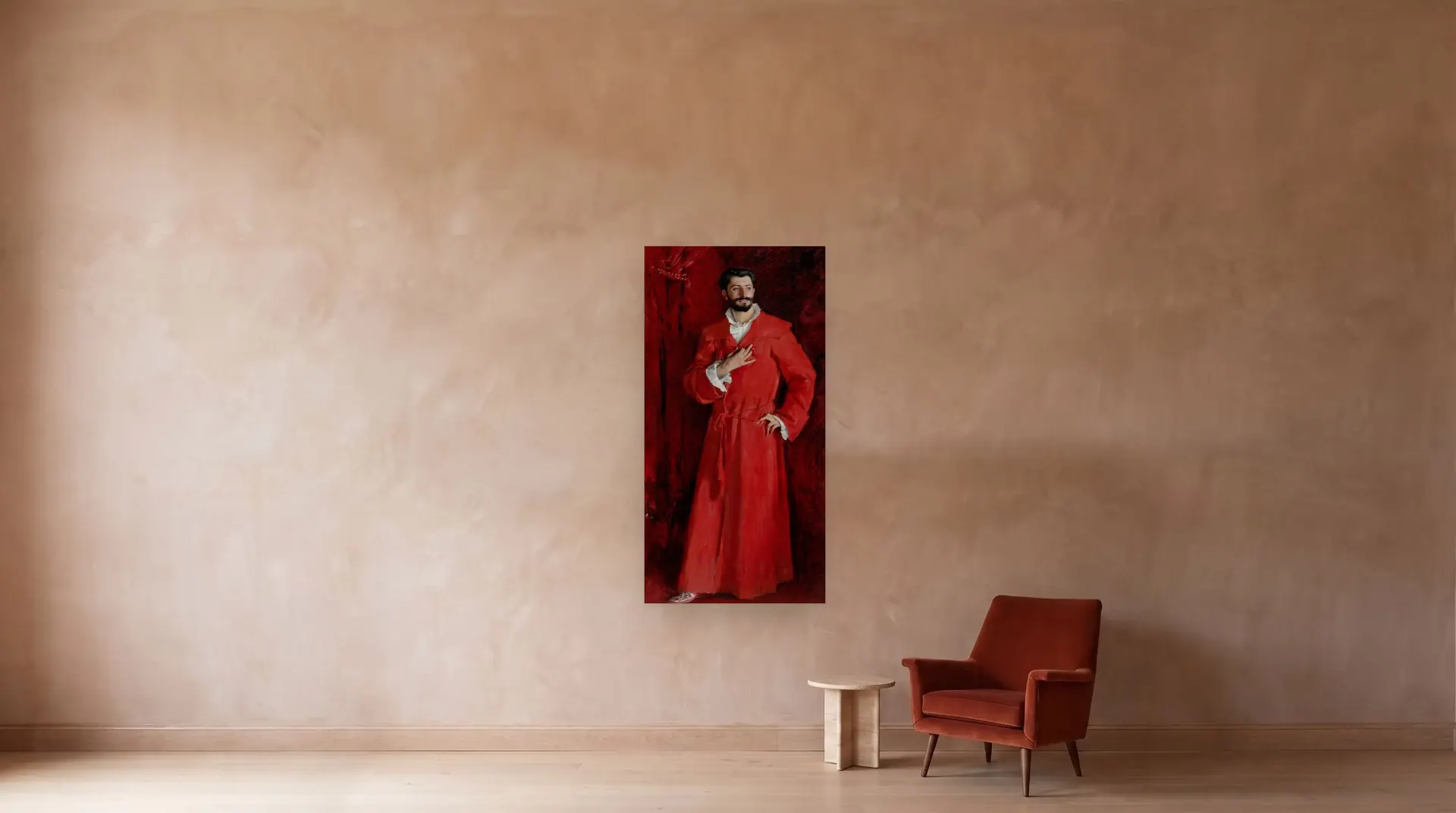 Doctor Pozzi by John Singer Sargent shown at its true size, 40" × 79½", beside an armchair
