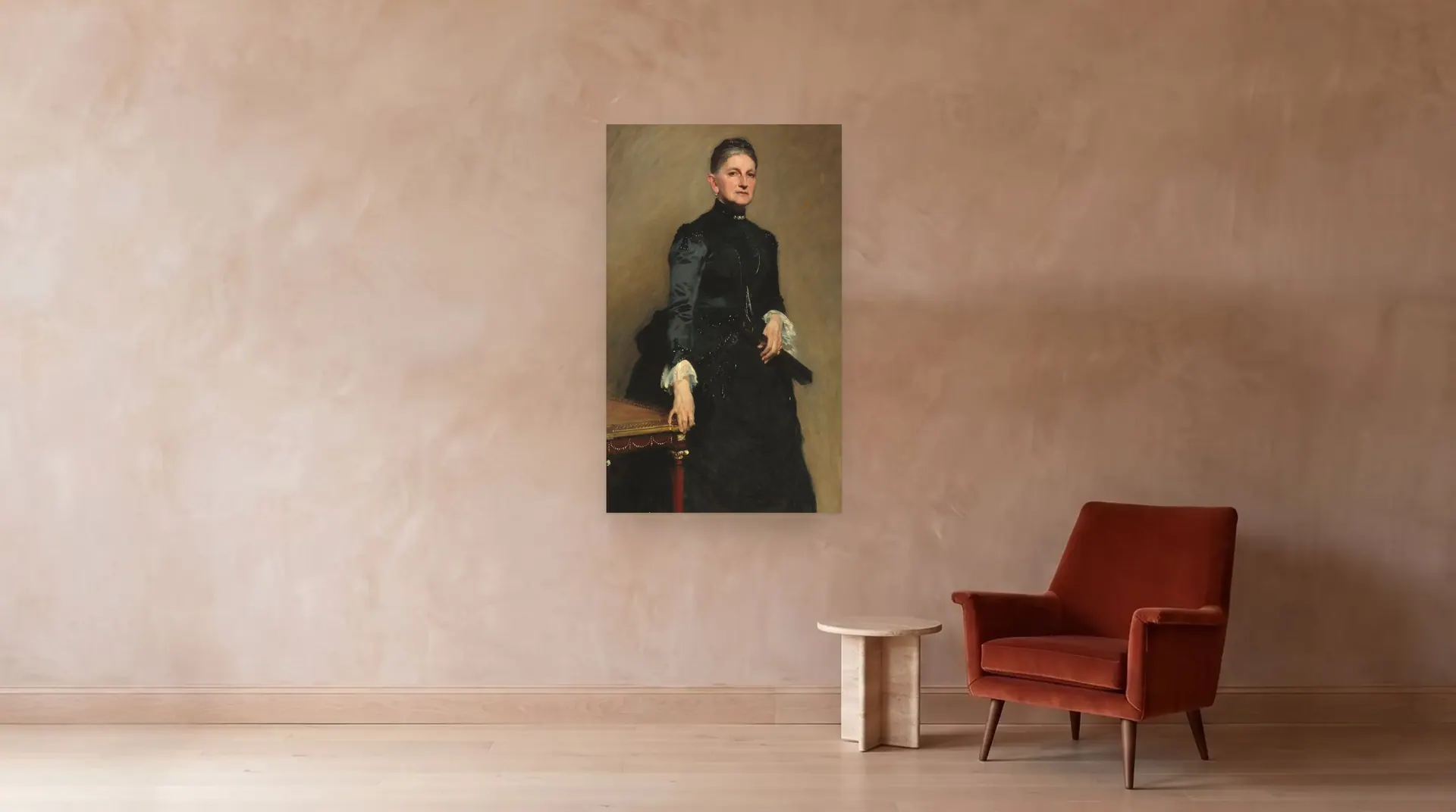 Eleanora O'Donnell Iselin (Mrs. Adrian Iselin) by John Singer Sargent shown at its true size, 36½" × 60½", beside an armchair