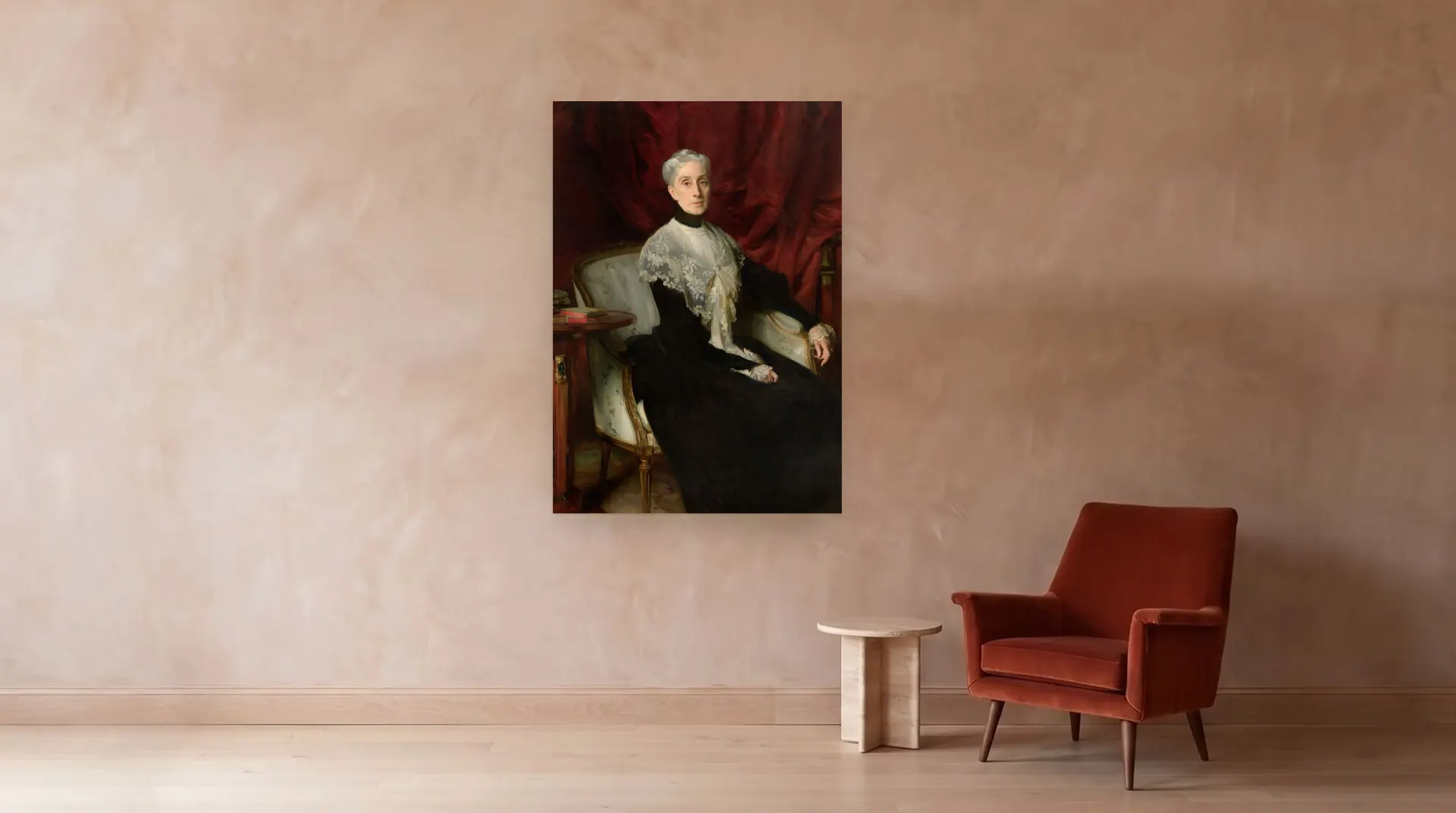 Ellen Peabody Endicott (Mrs. William Crowninshield Endicott) by John Singer Sargent shown at its true size, 45" × 64", beside an armchair
