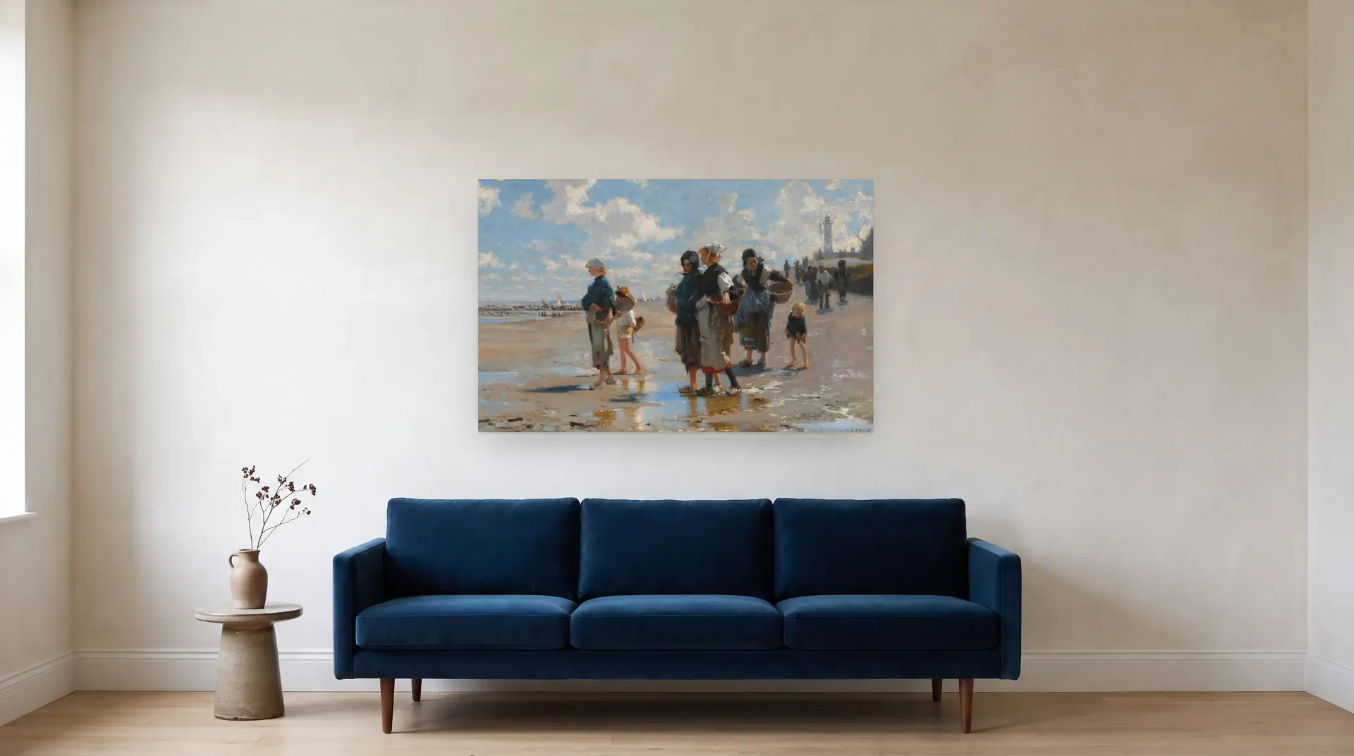 En route pour la pêche (Setting Out to Fish) by John Singer Sargent shown at its true size, 48½" × 31", over an 84" sofa