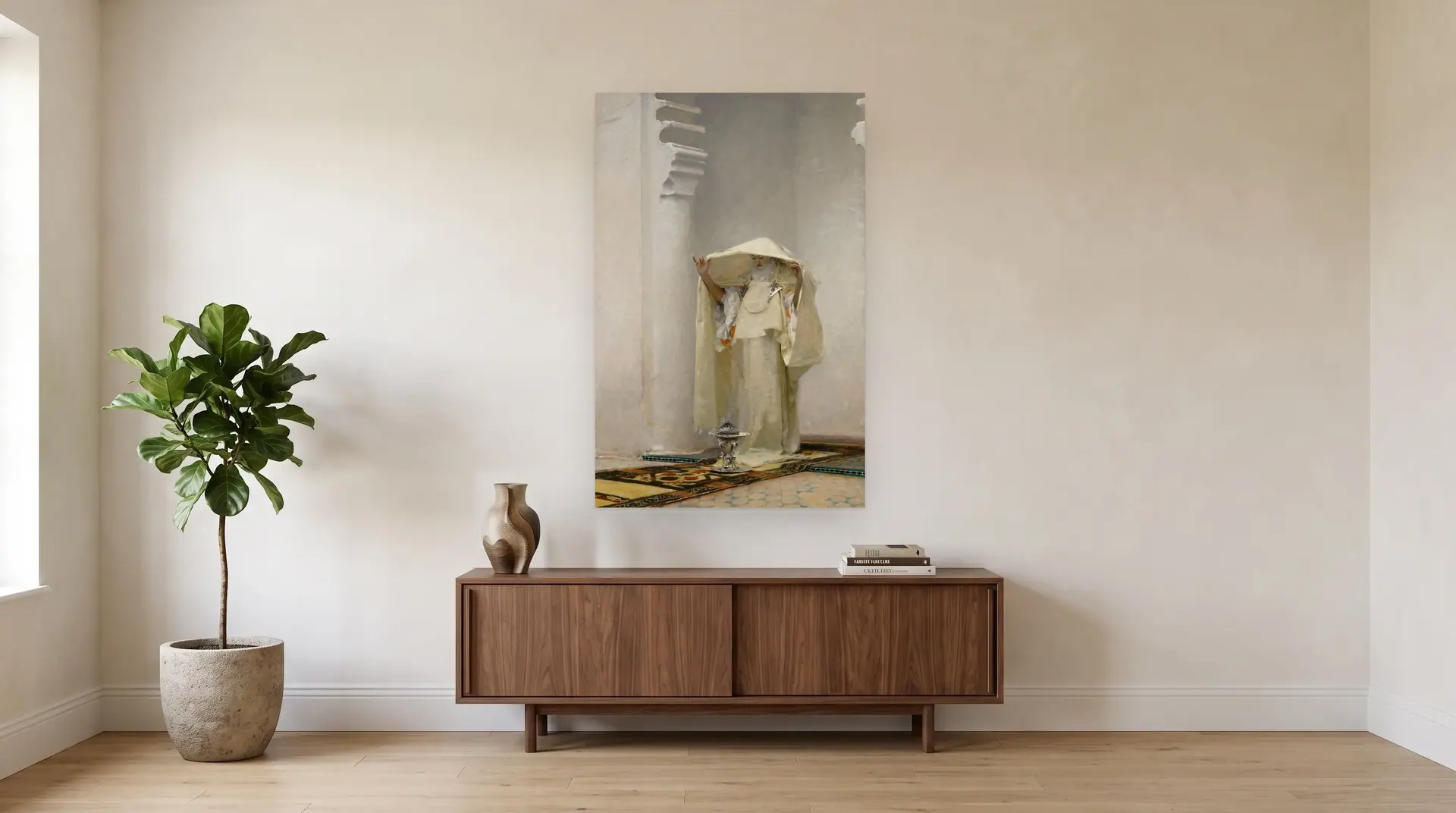 Fumée d'ambre gris (Smoke of Ambergris) by John Singer Sargent shown at its true size, 35½" × 55", over a 72" sideboard
