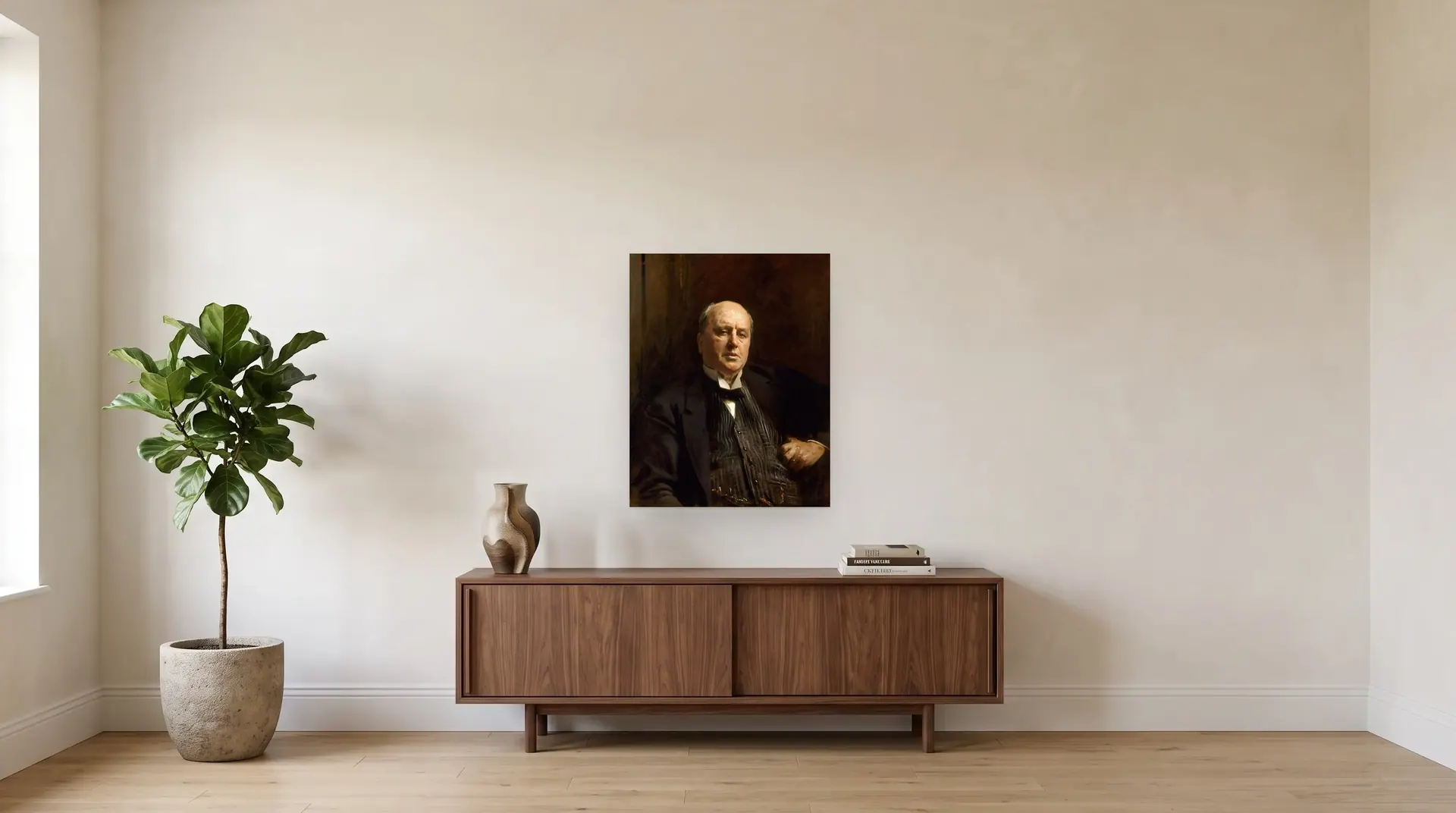 Henry James by John Singer Sargent shown at its true size, 26½" × 33½", over a 72" sideboard