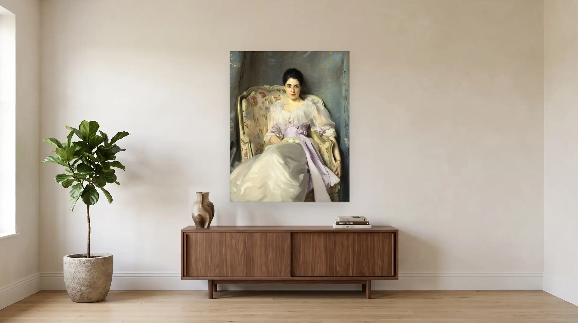 Lady Agnew of Lochnaw by John Singer Sargent shown at its true size, 40" × 50", over a 72" sideboard