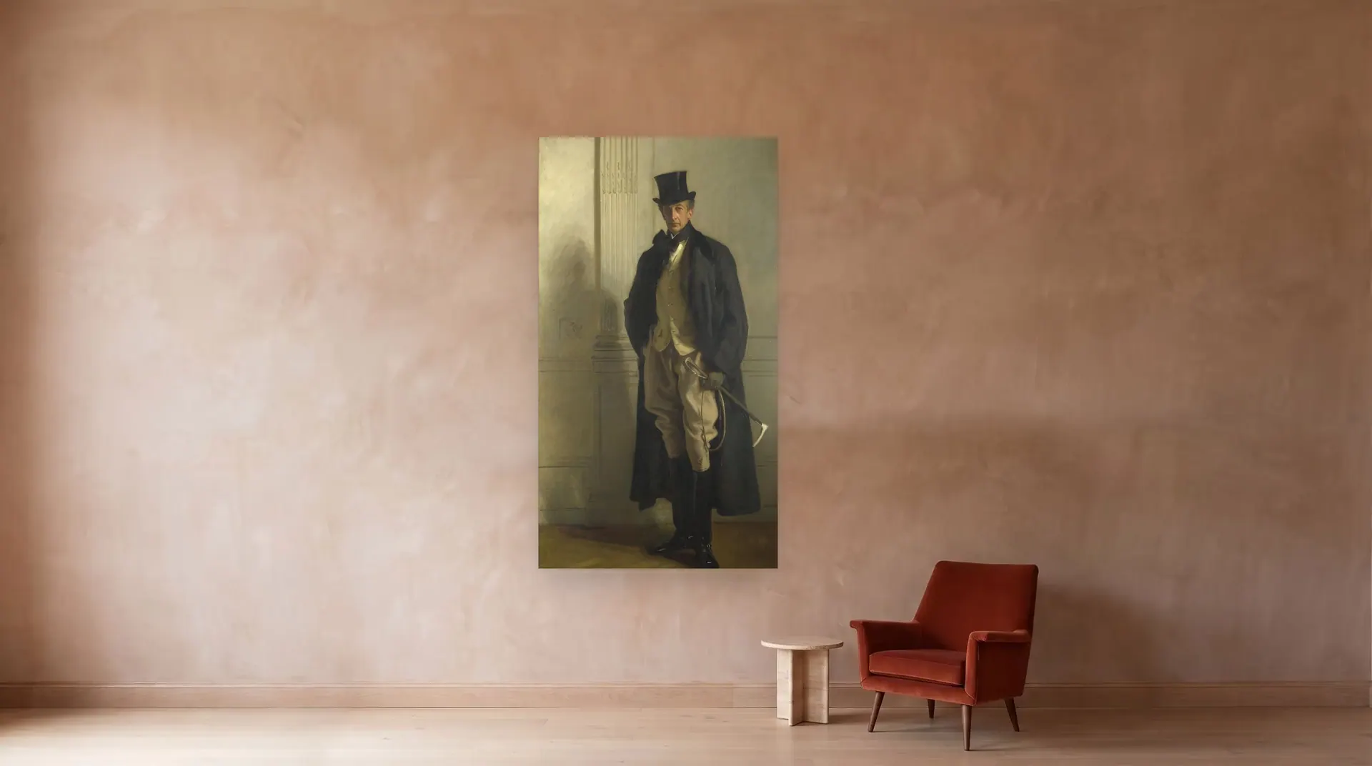 Lord Ribblesdale by John Singer Sargent shown at its true size, 56½" × 101½", beside an armchair