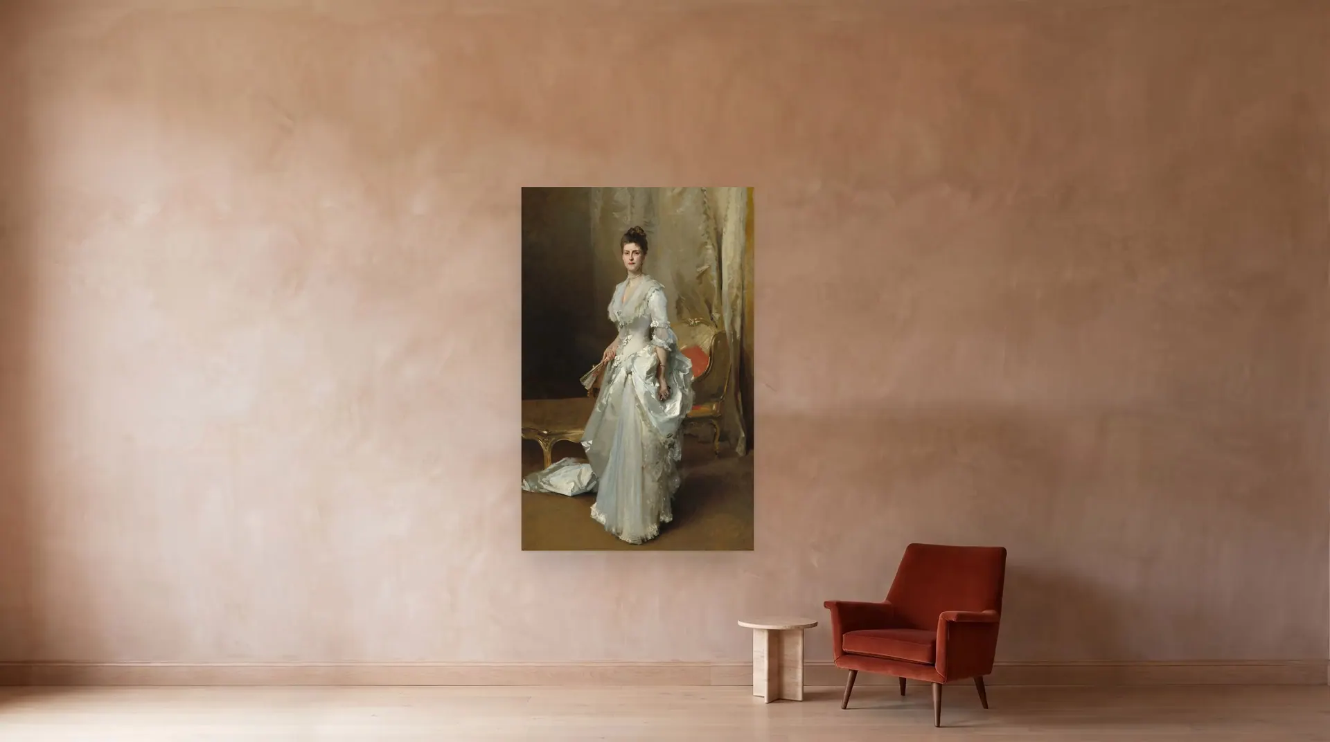 Margaret Stuyvesant Rutherfurd White (Mrs. Henry White) by John Singer Sargent shown at its true size, 56½" × 88½", beside an armchair