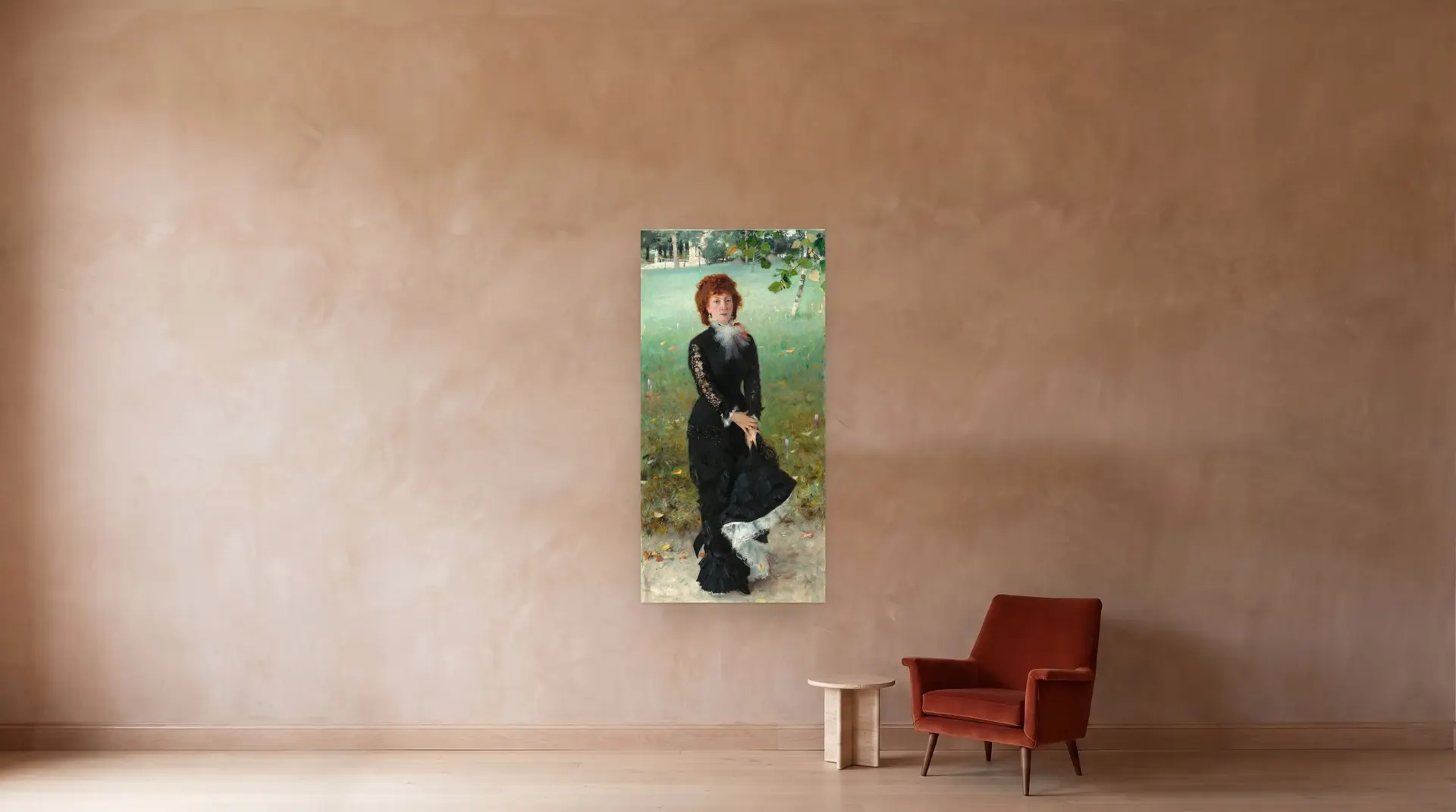 Marie Buloz Pailleron (Madame Édouard Pailleron) by John Singer Sargent shown at its true size, 41" × 83", beside an armchair