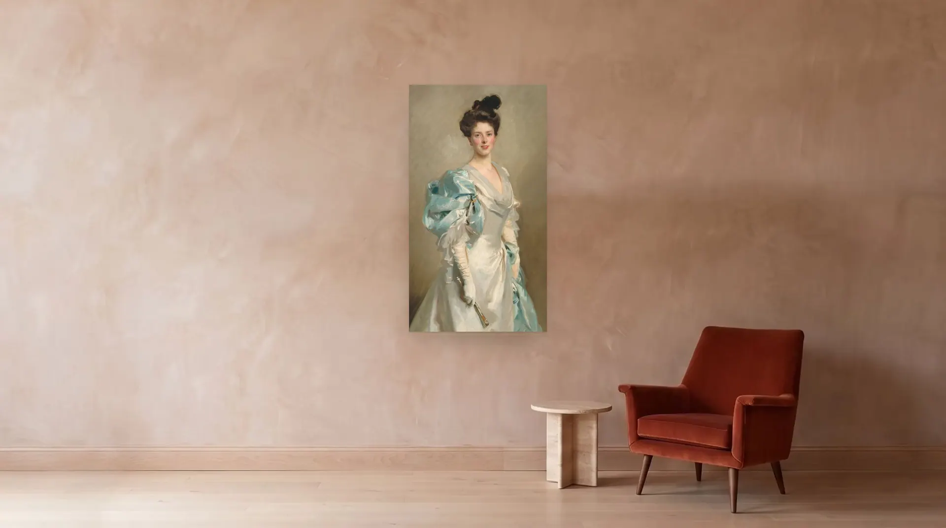 Mary Crowninshield Endicott Chamberlain (Mrs. Joseph Chamberlain) by John Singer Sargent shown at its true size, 33" × 59½", beside an armchair