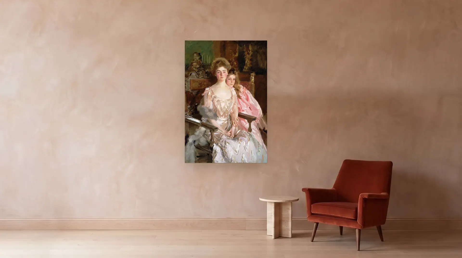 Mrs. Fiske Warren (Gretchen Osgood) and Her Daughter Rachel by John Singer Sargent shown at its true size, 40½" × 60", beside an armchair