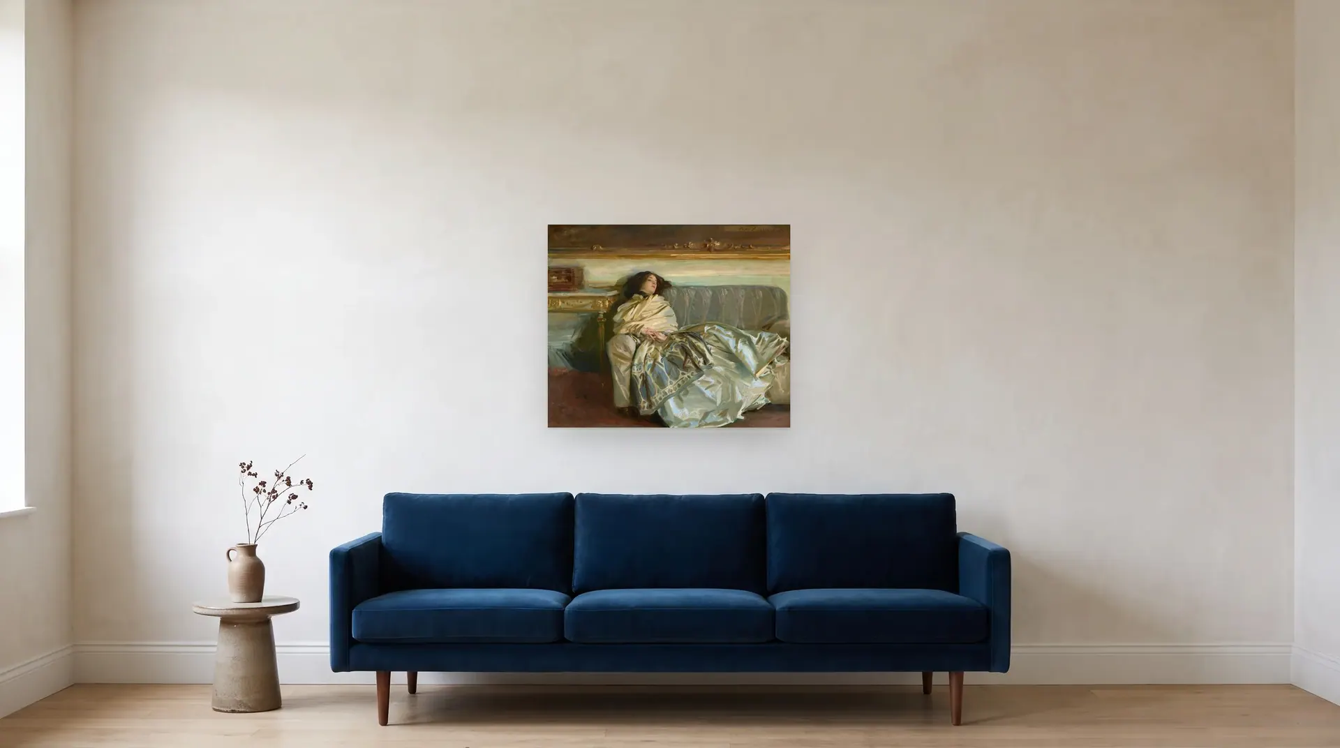 Nonchaloir (Repose) by John Singer Sargent shown at its true size, 30" × 25", over an 84" sofa