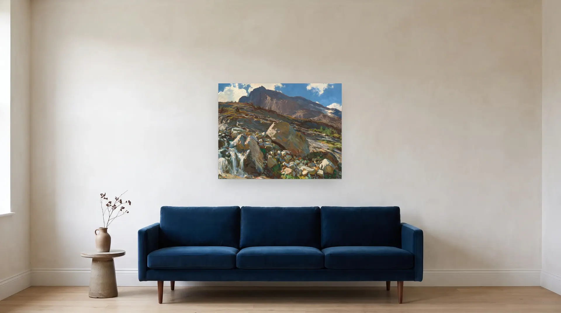 Simplon Pass by John Singer Sargent shown at its true size, 36½" × 28½", over an 84" sofa