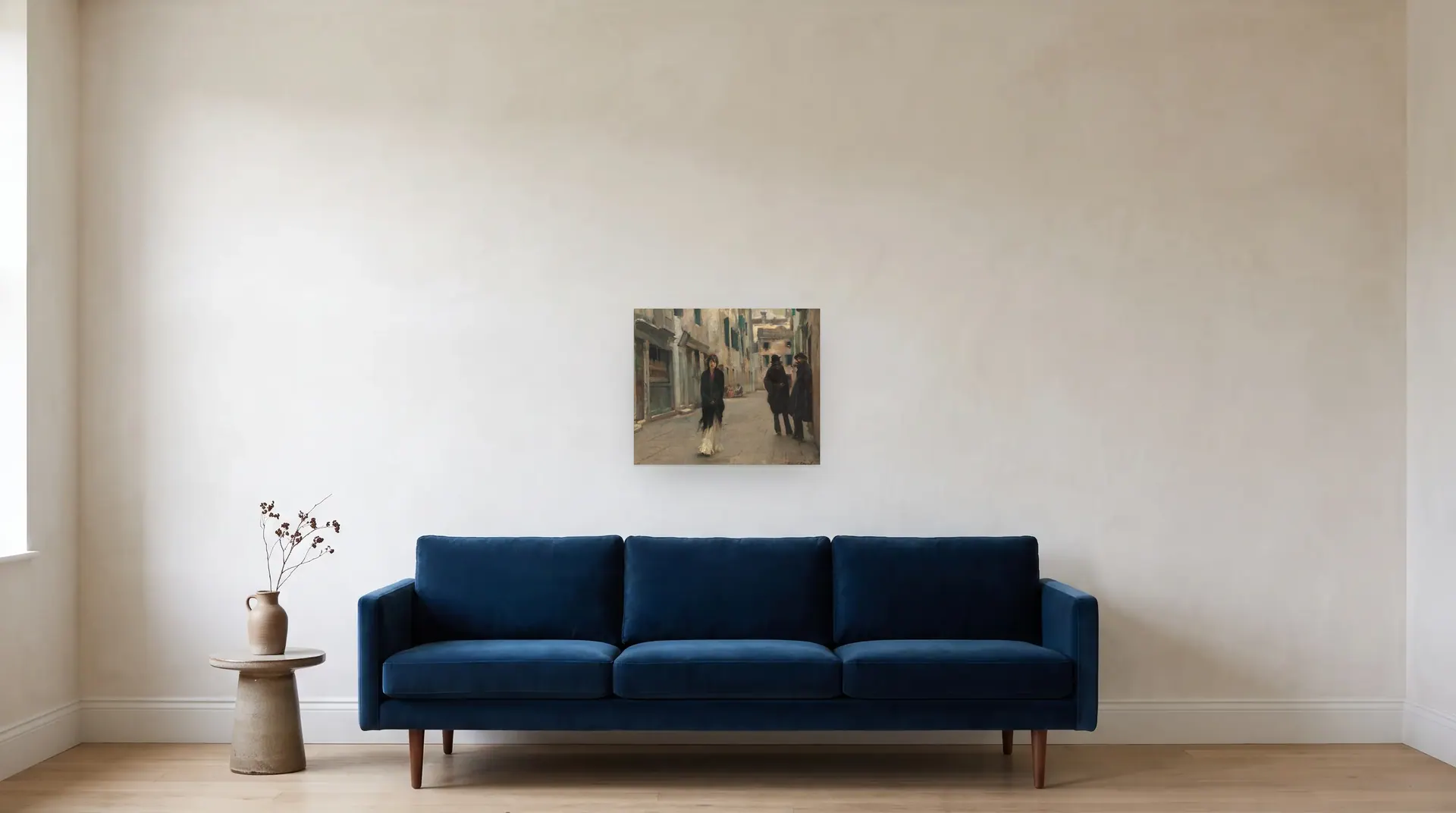 Street in Venice by John Singer Sargent shown at its true size, 21" × 18", over an 84" sofa