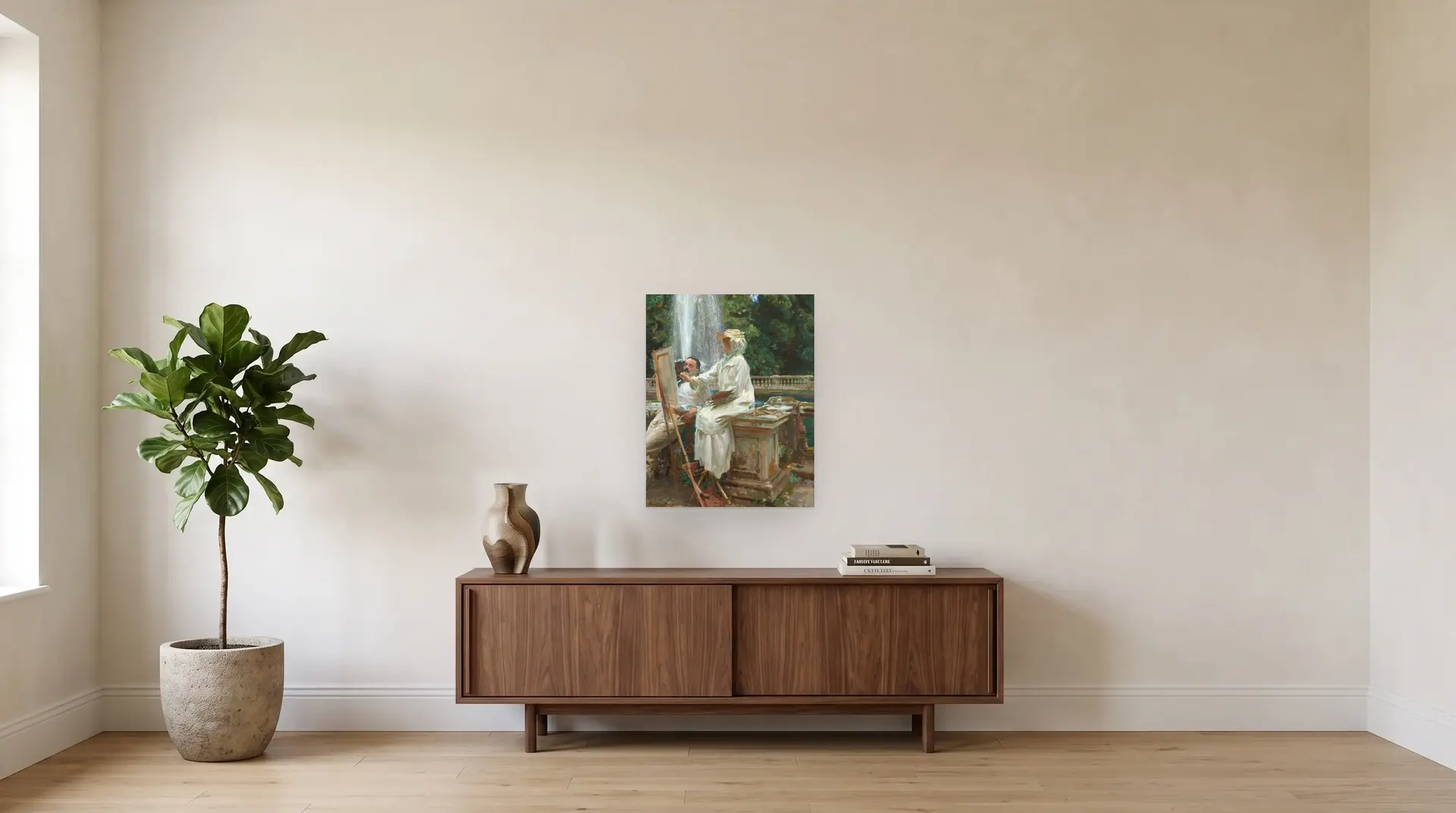 The Fountain, Villa Torlonia, Frascati, Italy by John Singer Sargent shown at its true size, 22" × 28", over a 72" sideboard