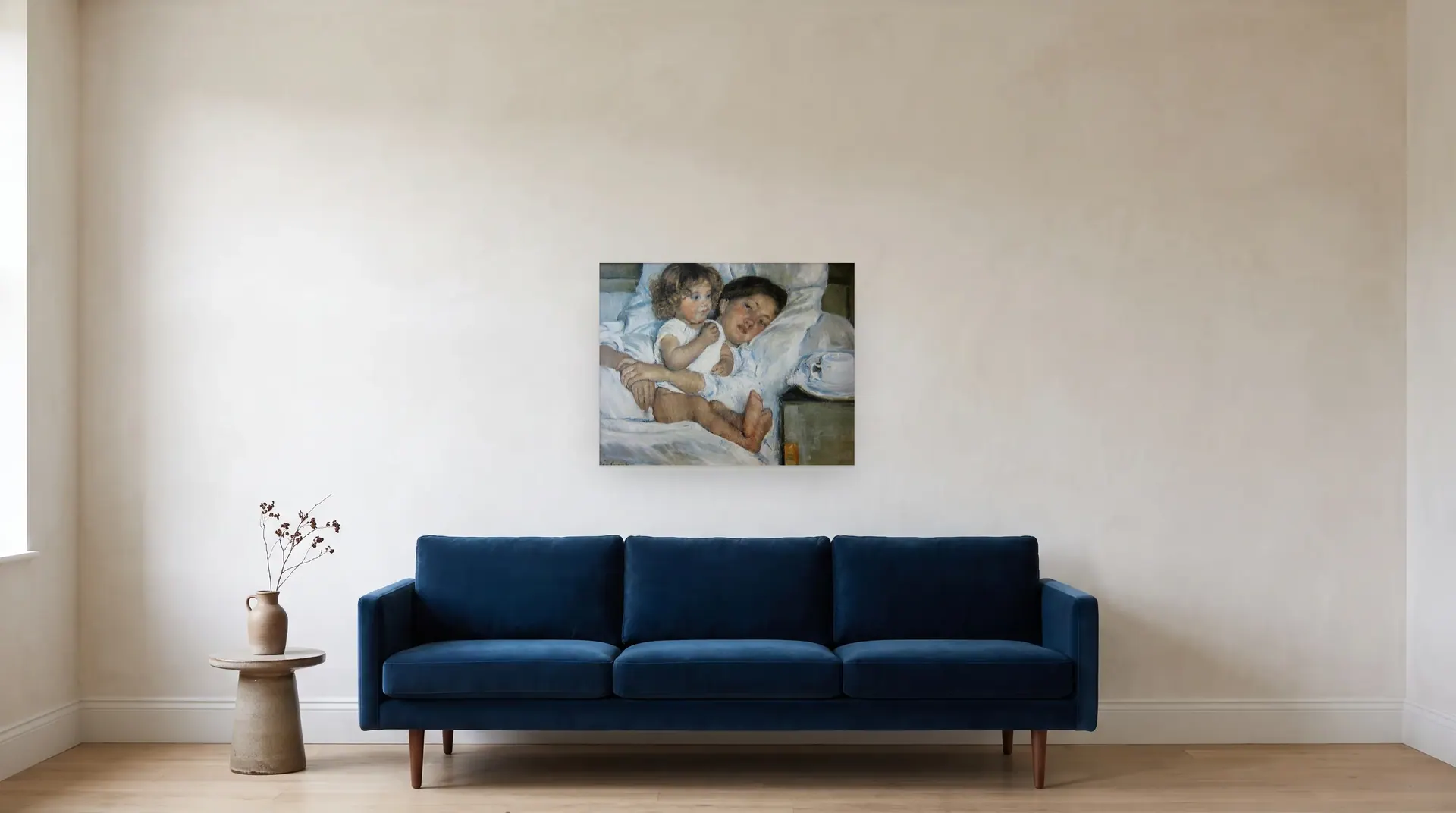 Breakfast in Bed by Mary Cassatt shown at its true size, 29" × 23", over an 84" sofa