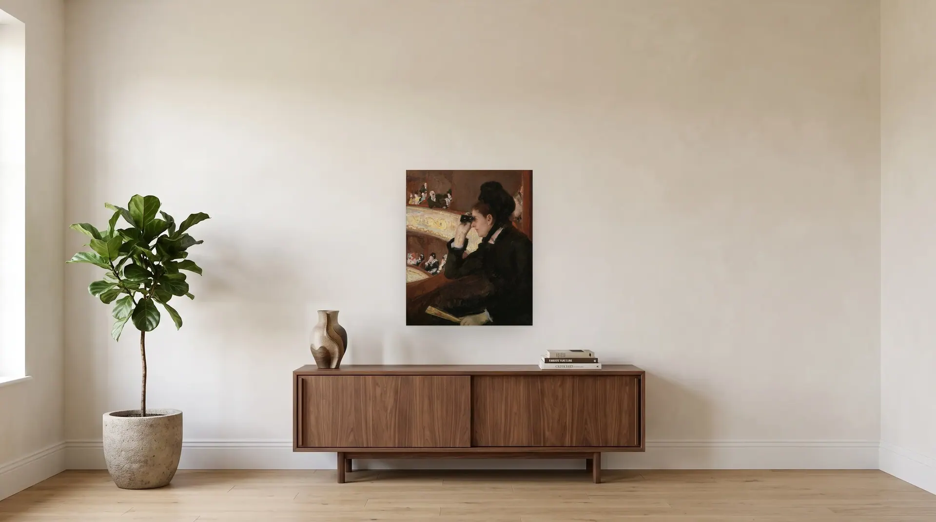 In the Loge by Mary Cassatt shown at its true size, 26" × 32", over a 72" sideboard
