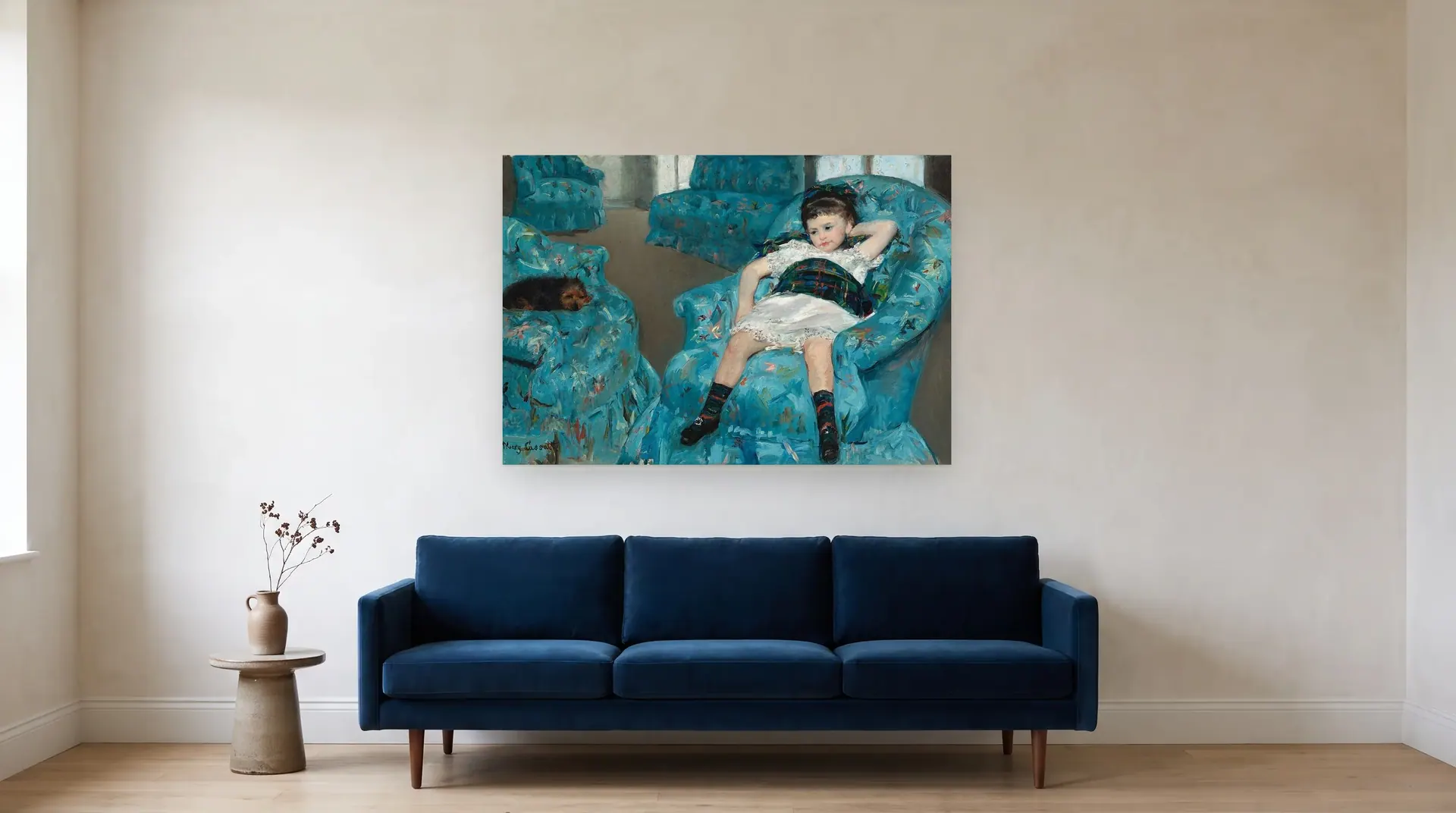 Little Girl in a Blue Armchair by Mary Cassatt shown at its true size, 51" × 35", over an 84" sofa