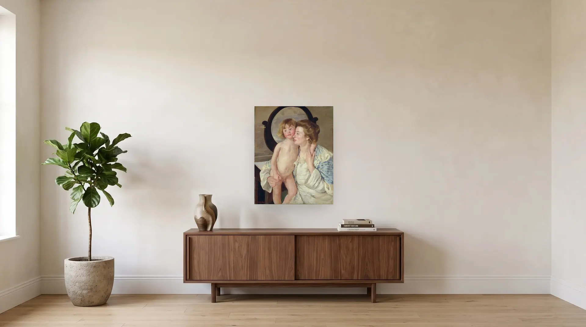 Mother and Child (The Oval Mirror) by Mary Cassatt shown at its true size, 26" × 32", over a 72" sideboard