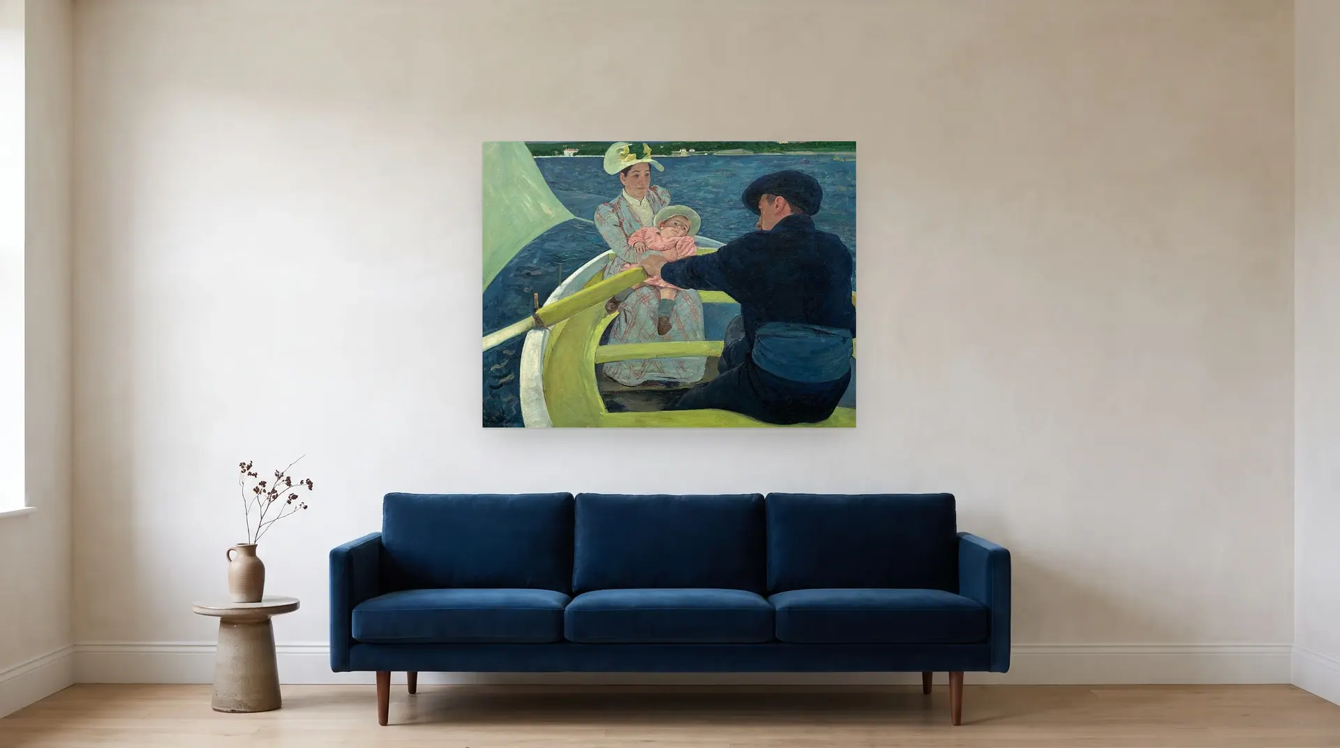 The Boating Party by Mary Cassatt shown at its true size, 46" × 35½", over an 84" sofa