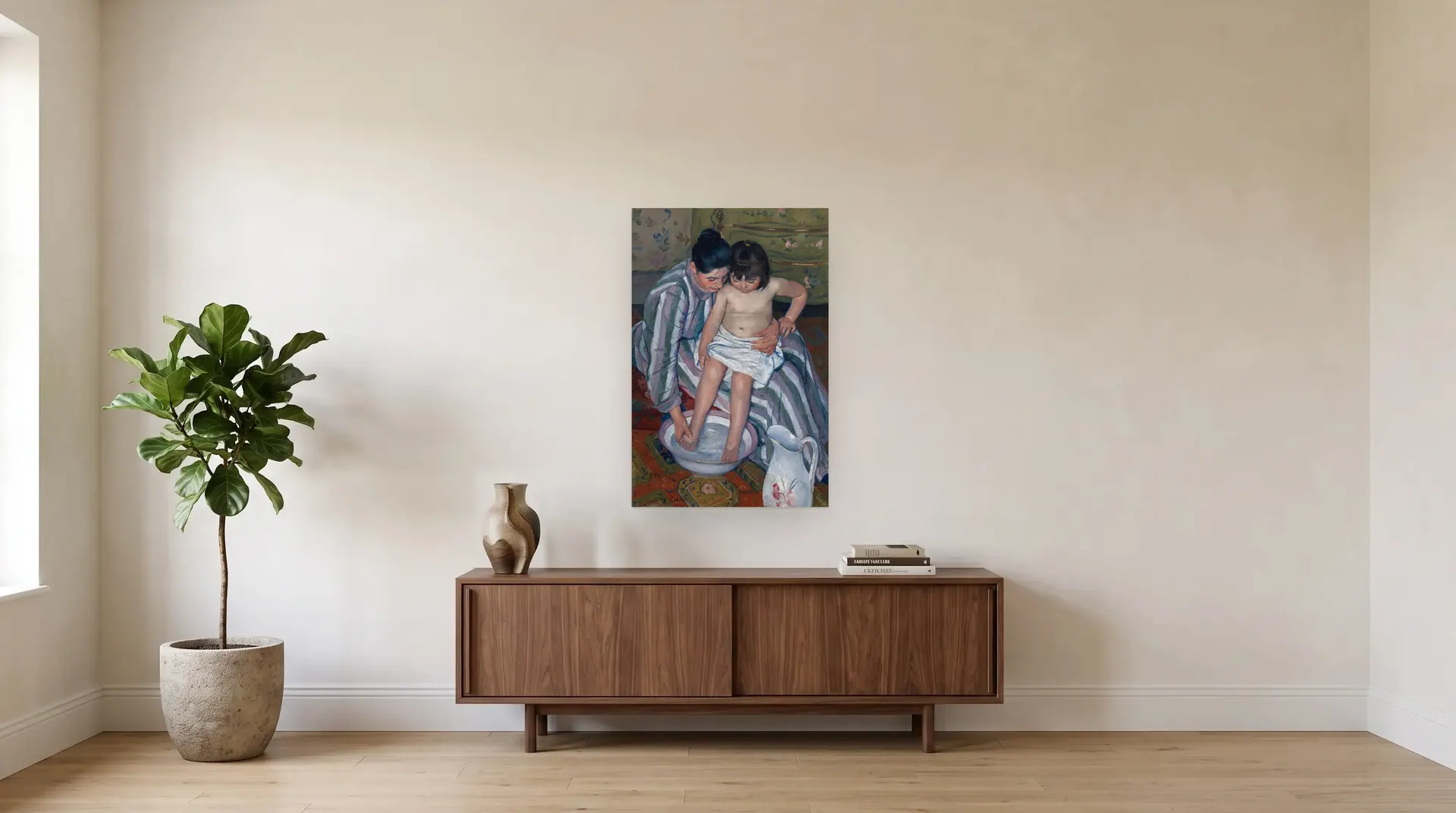 The Child's Bath by Mary Cassatt shown at its true size, 26" × 39½", over a 72" sideboard