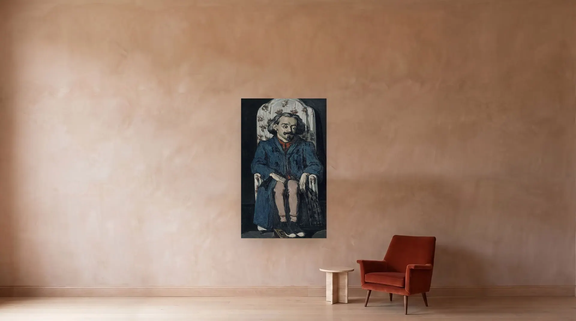 Achille Emperaire by Paul Cézanne shown at its true size, 48" × 78½", beside an armchair
