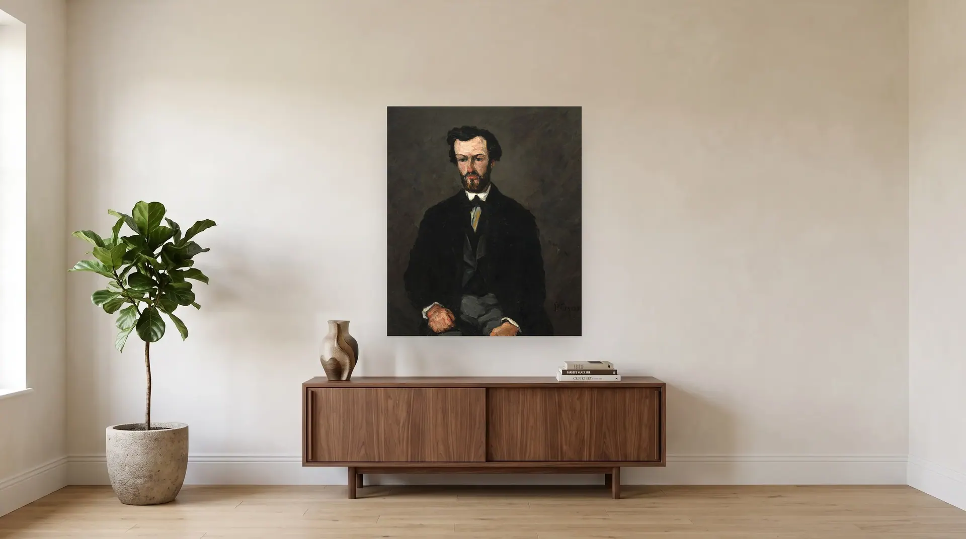 Antony Valabrègue by Paul Cézanne shown at its true size, 38½" × 46", over a 72" sideboard