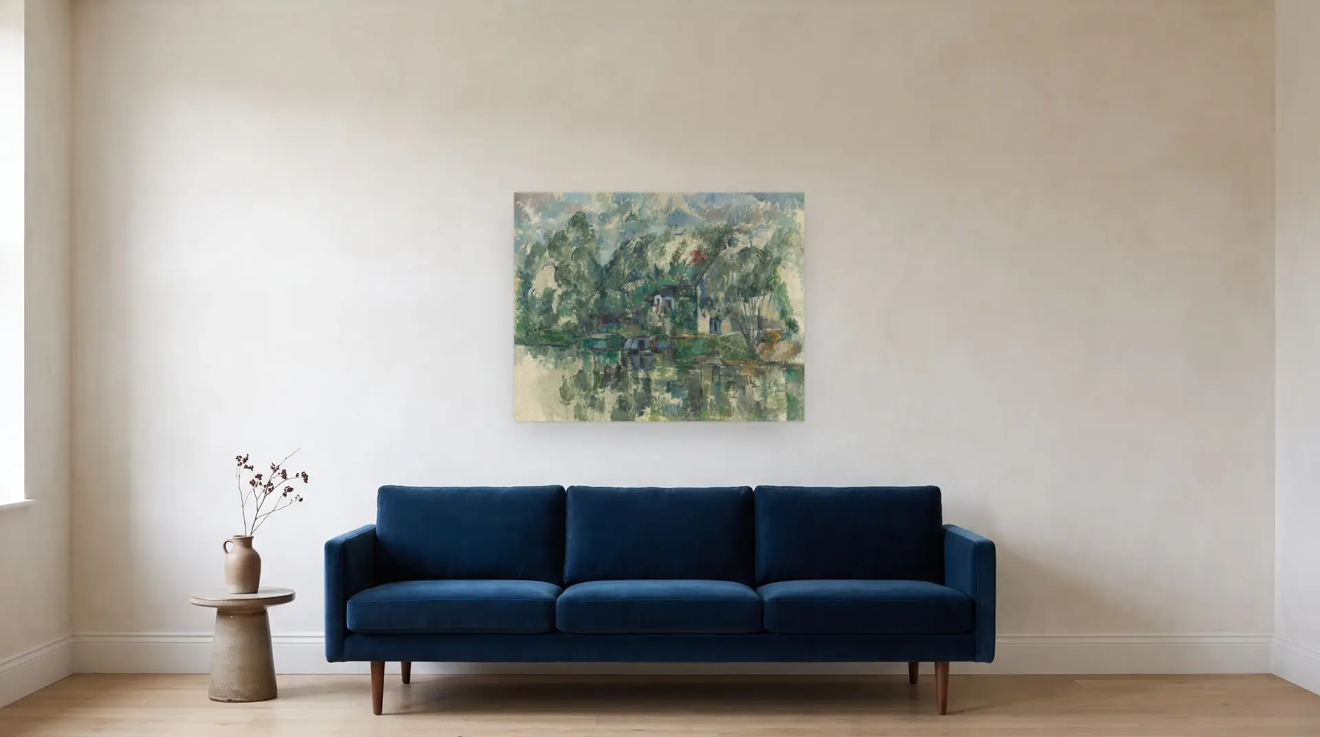 At the Water's Edge by Paul Cézanne shown at its true size, 36½" × 28½", over an 84" sofa