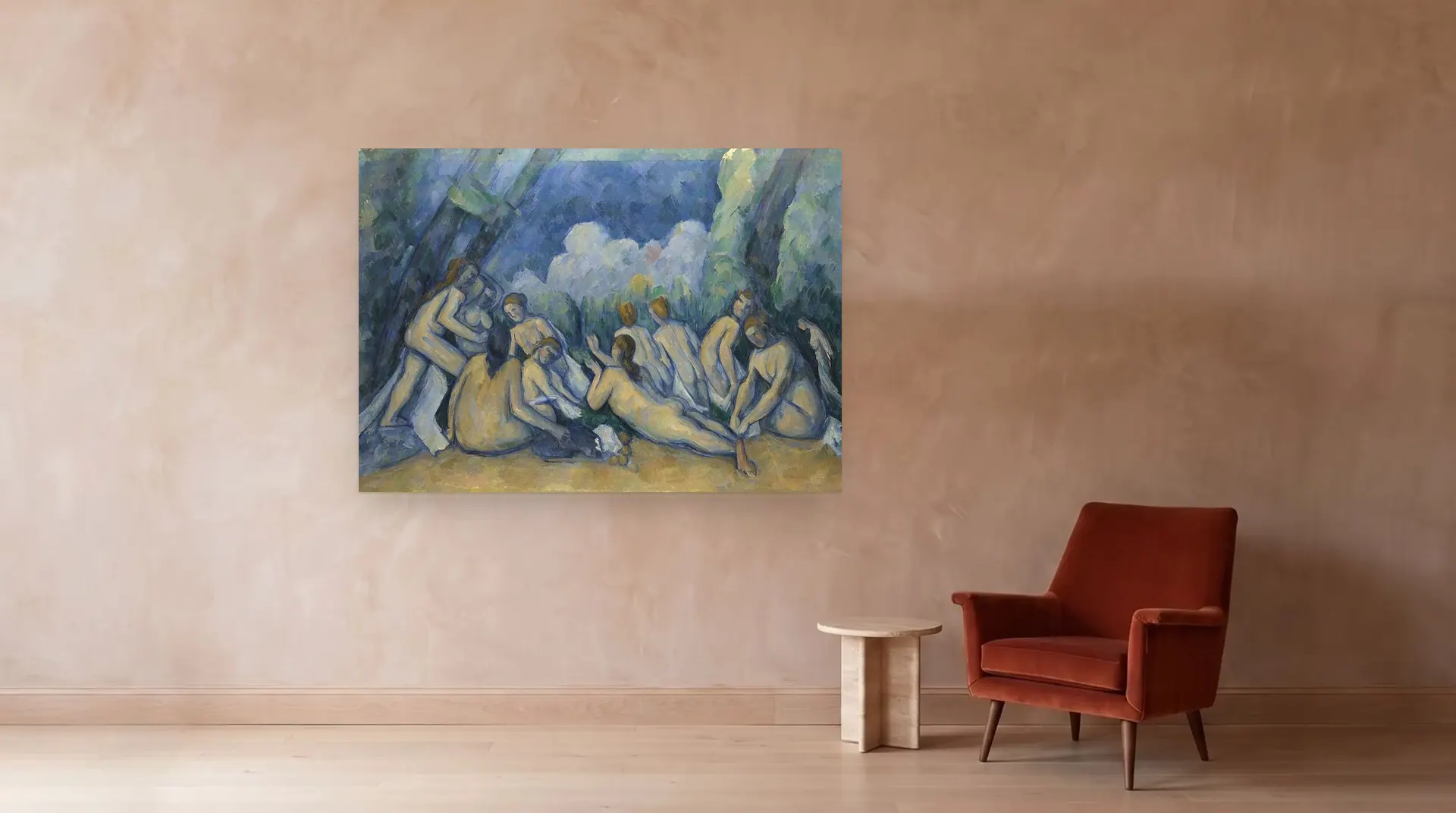 Bathers (Les Grandes Baigneuses) by Paul Cézanne shown at its true size, 75" × 53½", beside an armchair