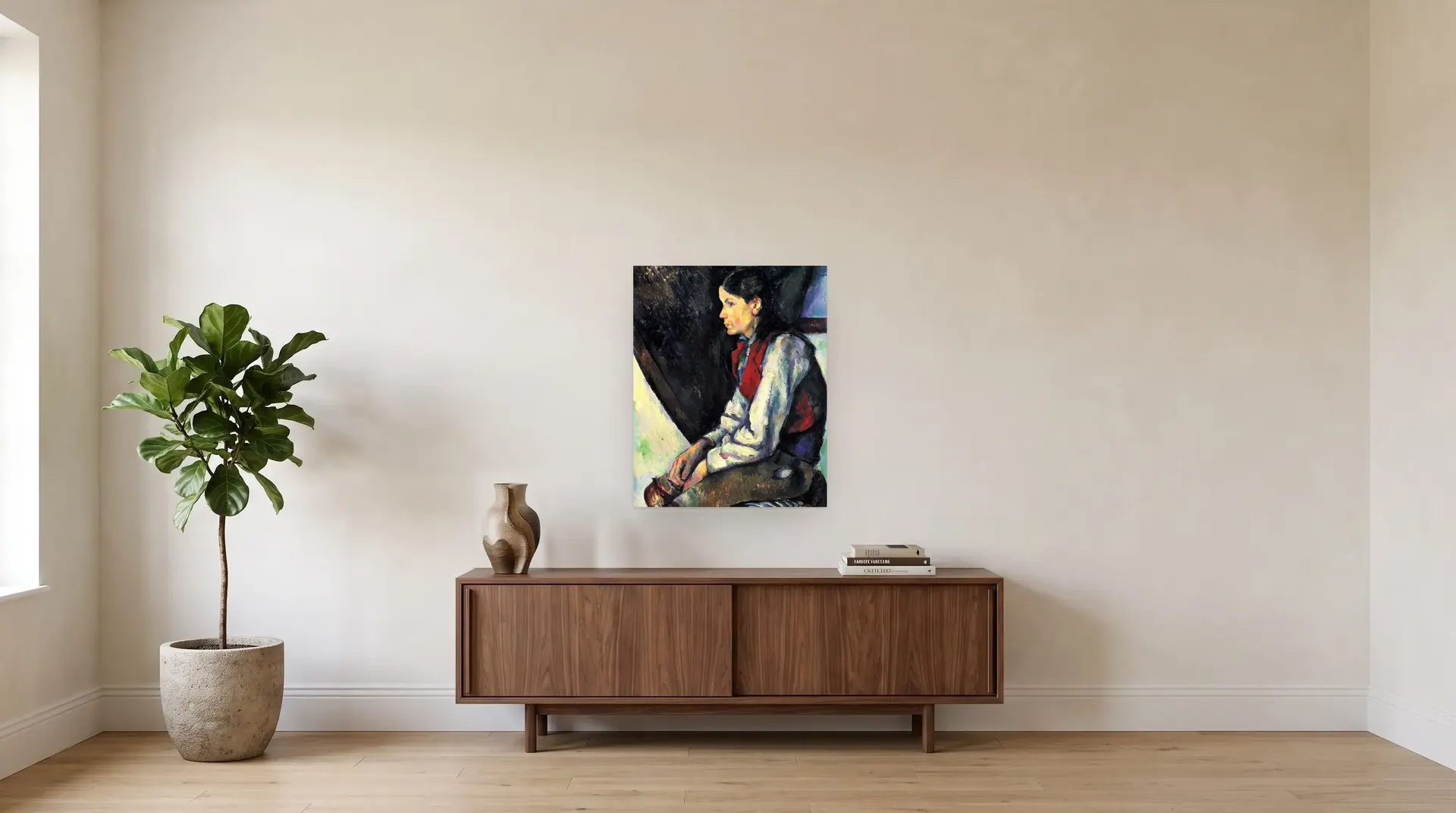 Boy in a Red Vest by Paul Cézanne shown at its true size, 25½" × 32", over a 72" sideboard