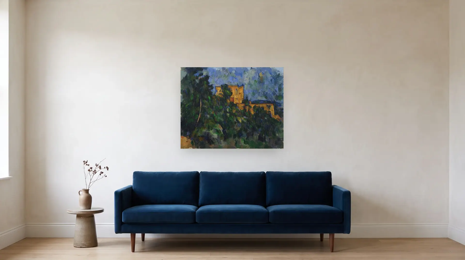 Château Noir by Paul Cézanne shown at its true size, 36½" × 29", over an 84" sofa
