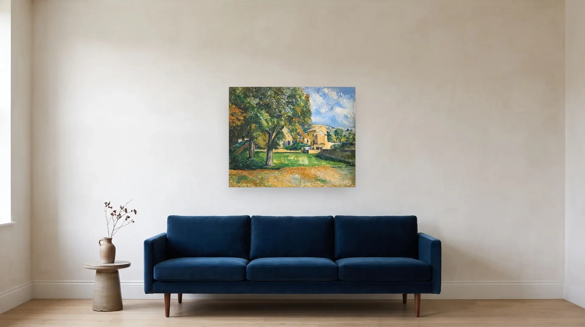 Chestnut and Jas de Bouffan farm by Paul Cézanne shown at its true size, 36" × 28½", over an 84" sofa