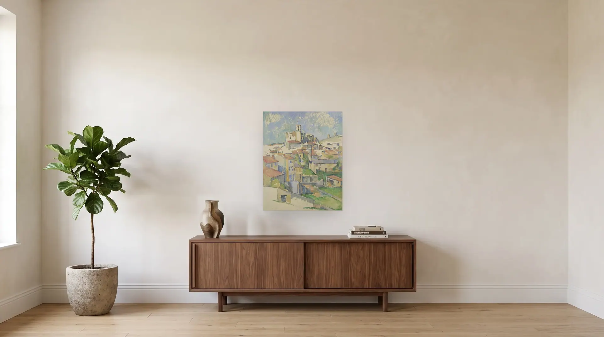 Gardanne by Paul Cézanne shown at its true size, 25" × 31½", over a 72" sideboard