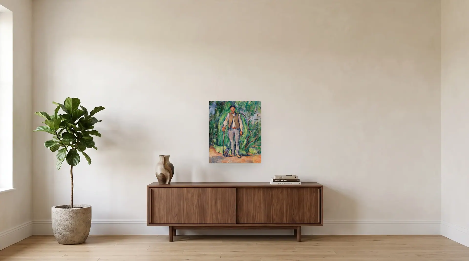 Gardener (Le Jardinier) by Paul Cézanne shown at its true size, 21½" × 25½", over a 72" sideboard
