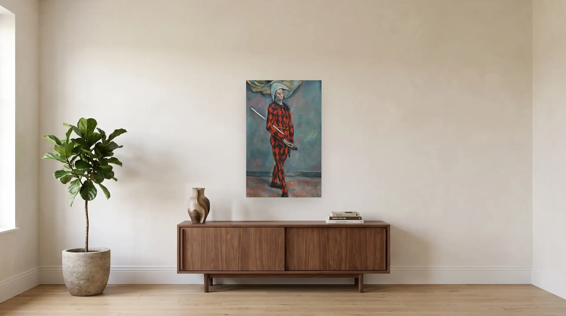 Harlequin by Paul Cézanne shown at its true size, 25½" × 40", over a 72" sideboard