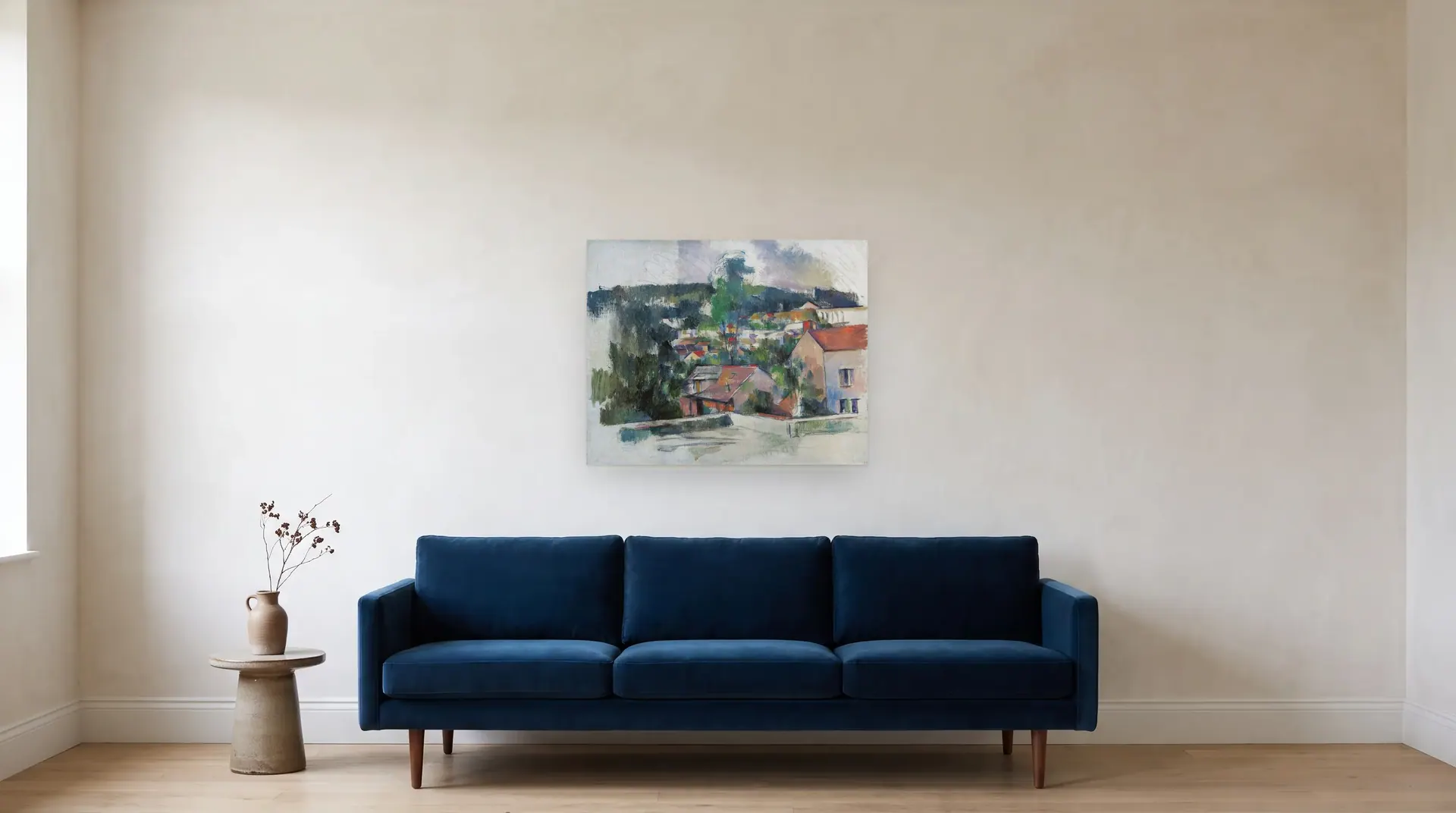 Landscape by Paul Cézanne shown at its true size, 32" × 25½", over an 84" sofa