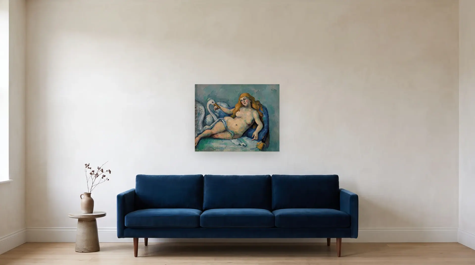 Leda and the Swan (Léda au cygne) by Paul Cézanne shown at its true size, 29½" × 23½", over an 84" sofa
