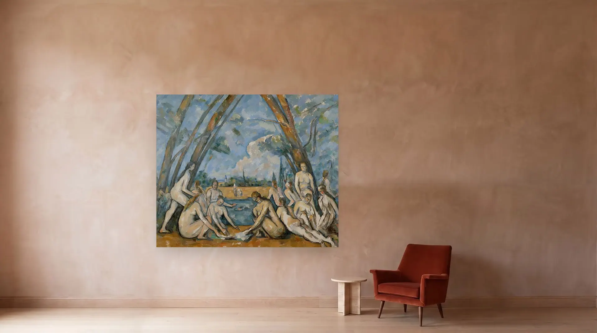 Les Grandes Baigneuses (The Large Bathers) by Paul Cézanne shown at its true size, 98½" × 83", beside an armchair