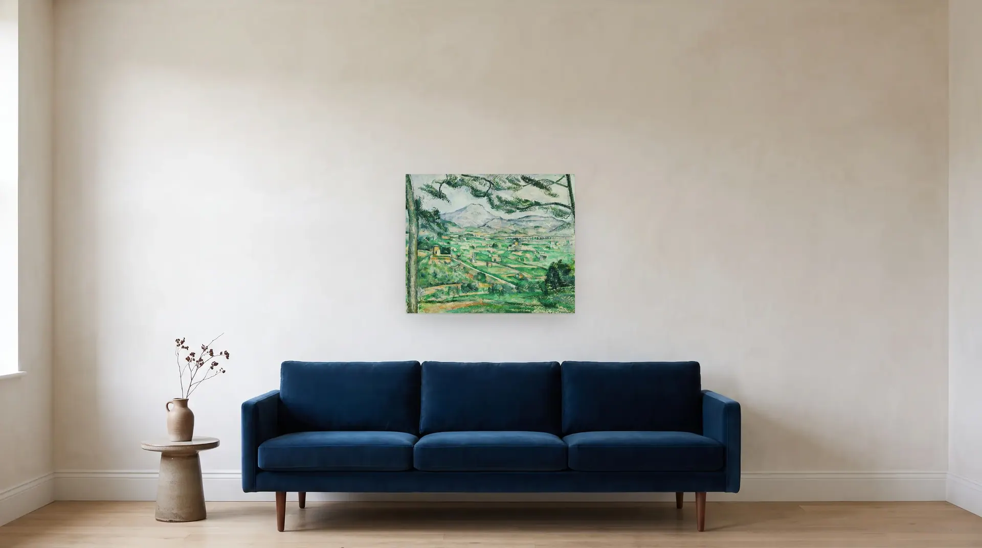Mont Sainte-Victoire by Paul Cézanne shown at its true size, 28½" × 23½", over an 84" sofa
